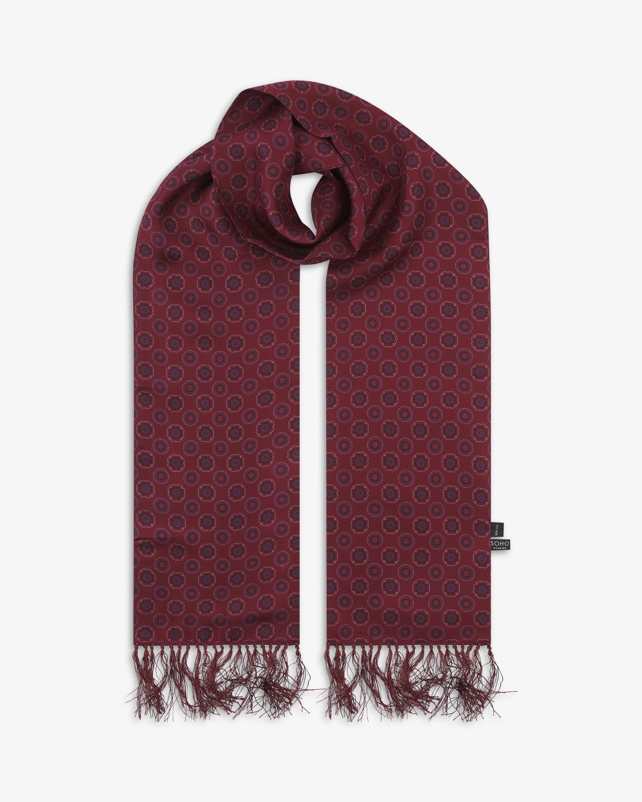 Silk Aviator Scarf in Burgundy Blue Geometric Soho Scarves