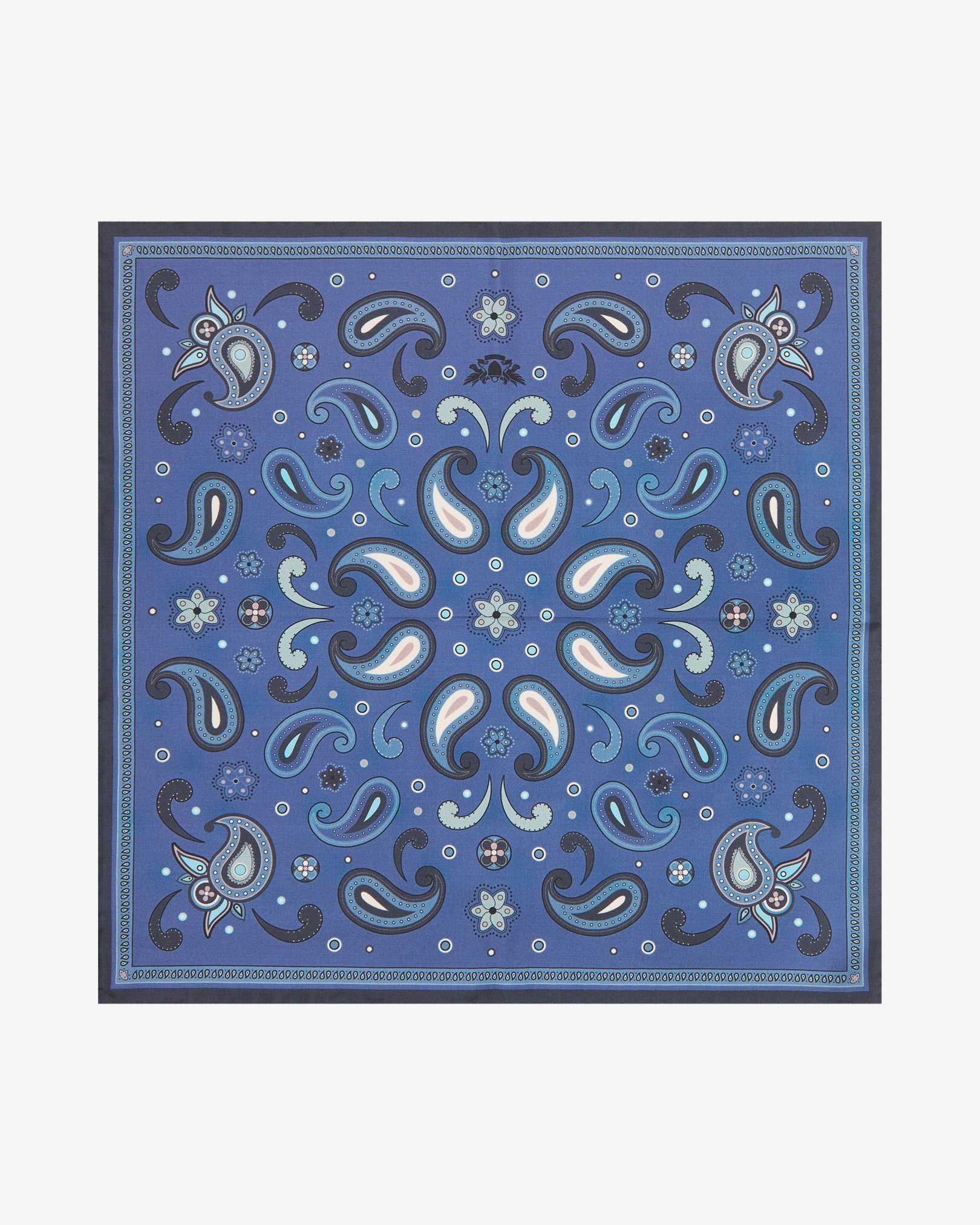Fully unfolded 'Belgravia' silk pocket square, clearly displaying a large mirrored paisley composition in navy, sky blue and cream on a rich cobalt-blue ground, framed by a fine repeating navy paisley border.