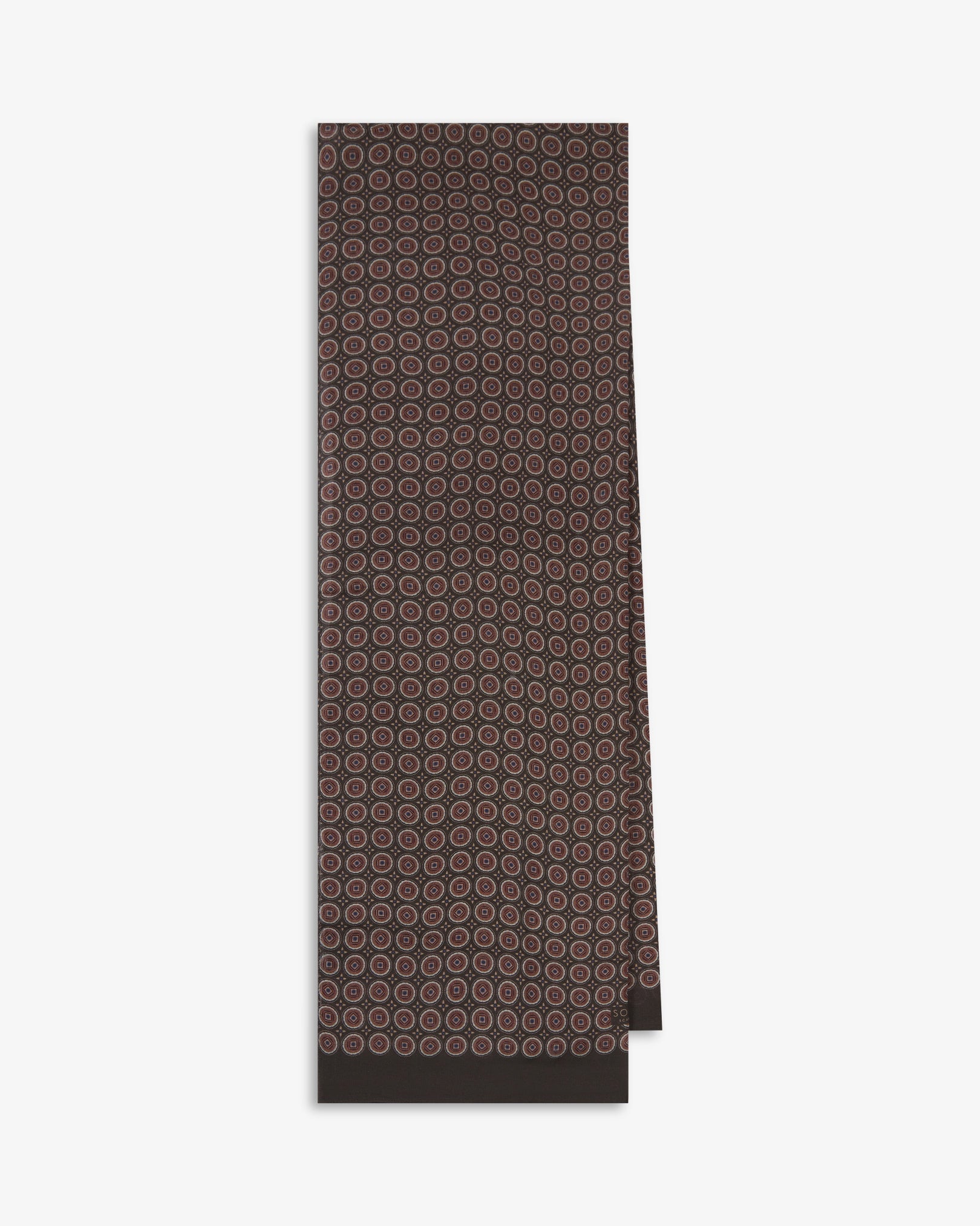 The Bellingham 'Mahogany Daze' bohemian wide scarf folded and presented vertically to show the full dimensions and repeating concentric circular pattern in cream, maroon and subtle purple on a rich brown background.