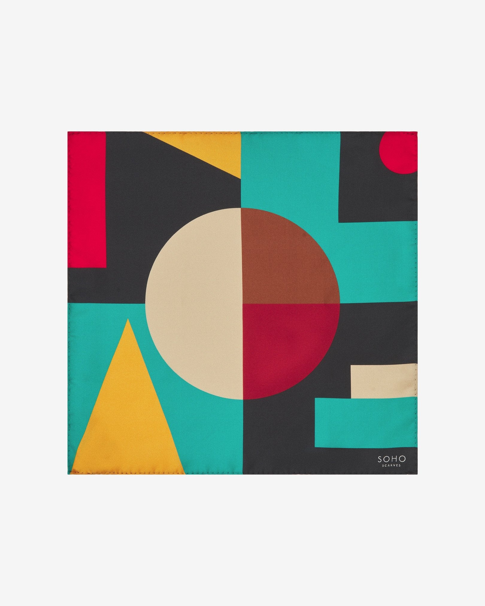 Fully unfolded 'Berlin' silk pocket square, showing the full pattern of geometric blocks in a Bauhaus inspired, multicoloured palette.
