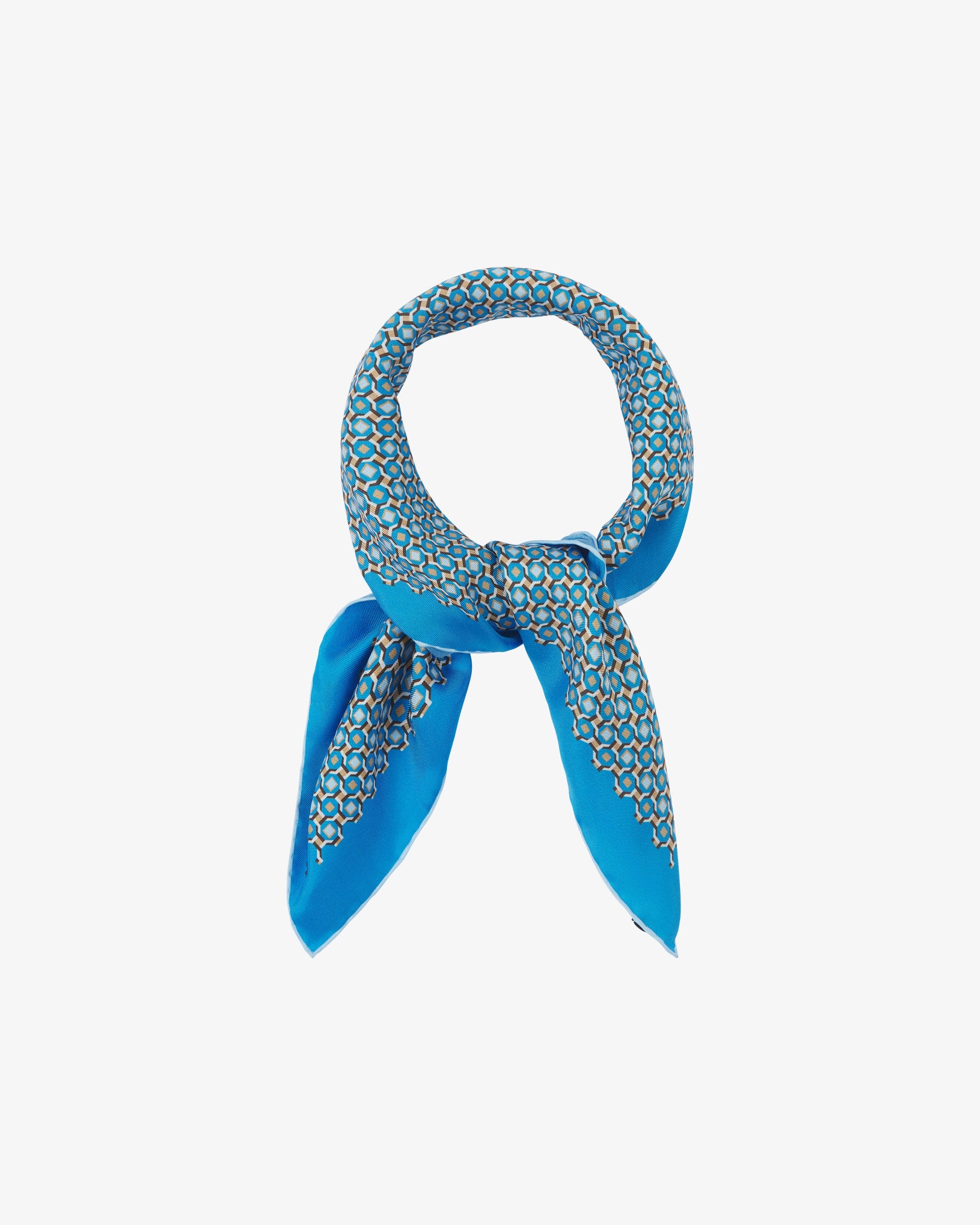 The 'Berwick' neckerchief looped and knotted, revealing the turquoise, stone-grey, and gold geometric pattern shimmering on the smooth silk surface.