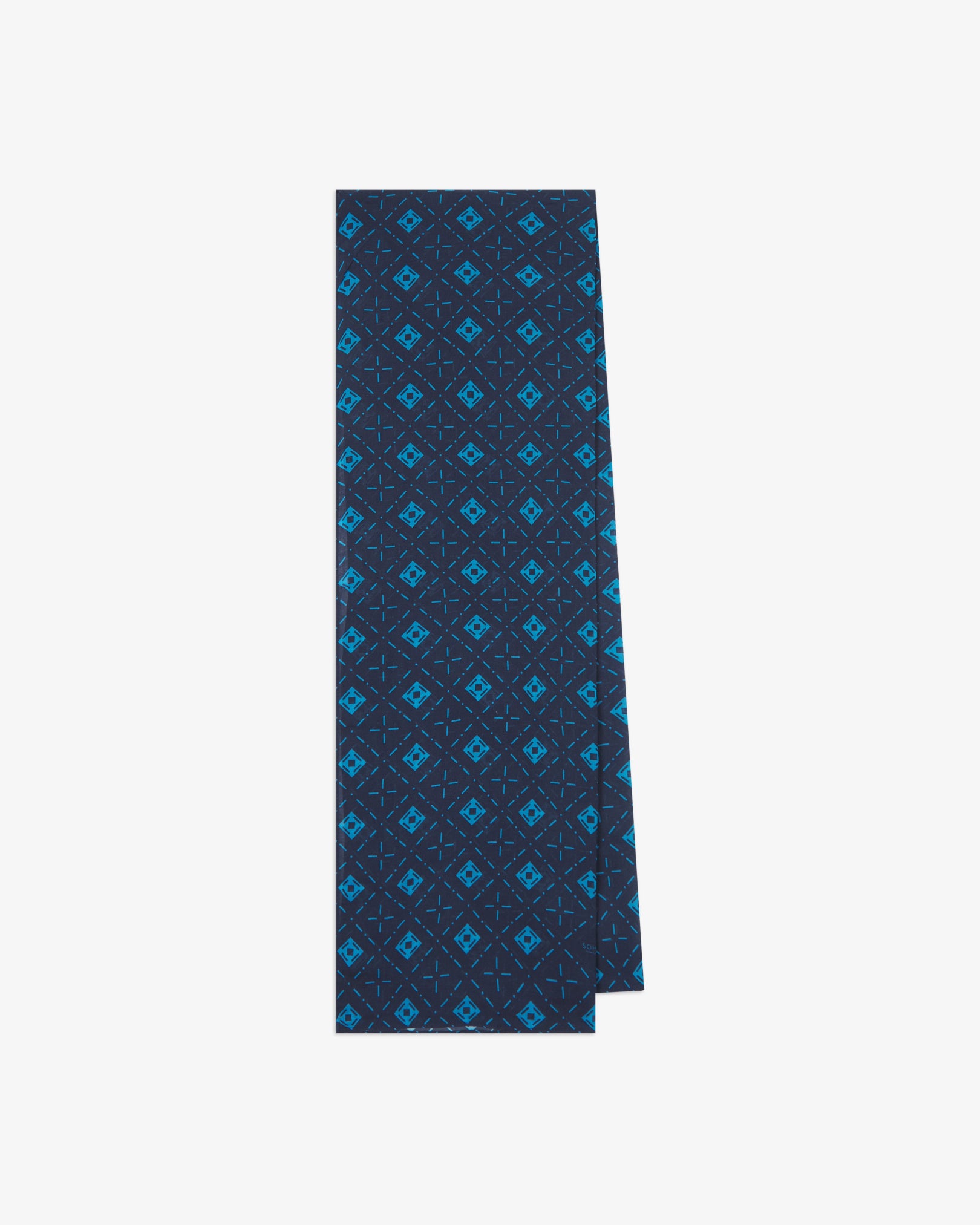 The 'Diamonds' blue bohemian wide scarf from SOHO Scarves folded and presented vertically to show the full dimensions and repeating diamond mosaic pattern of light blue lozenges and crosshair motifs on a navy blue background.