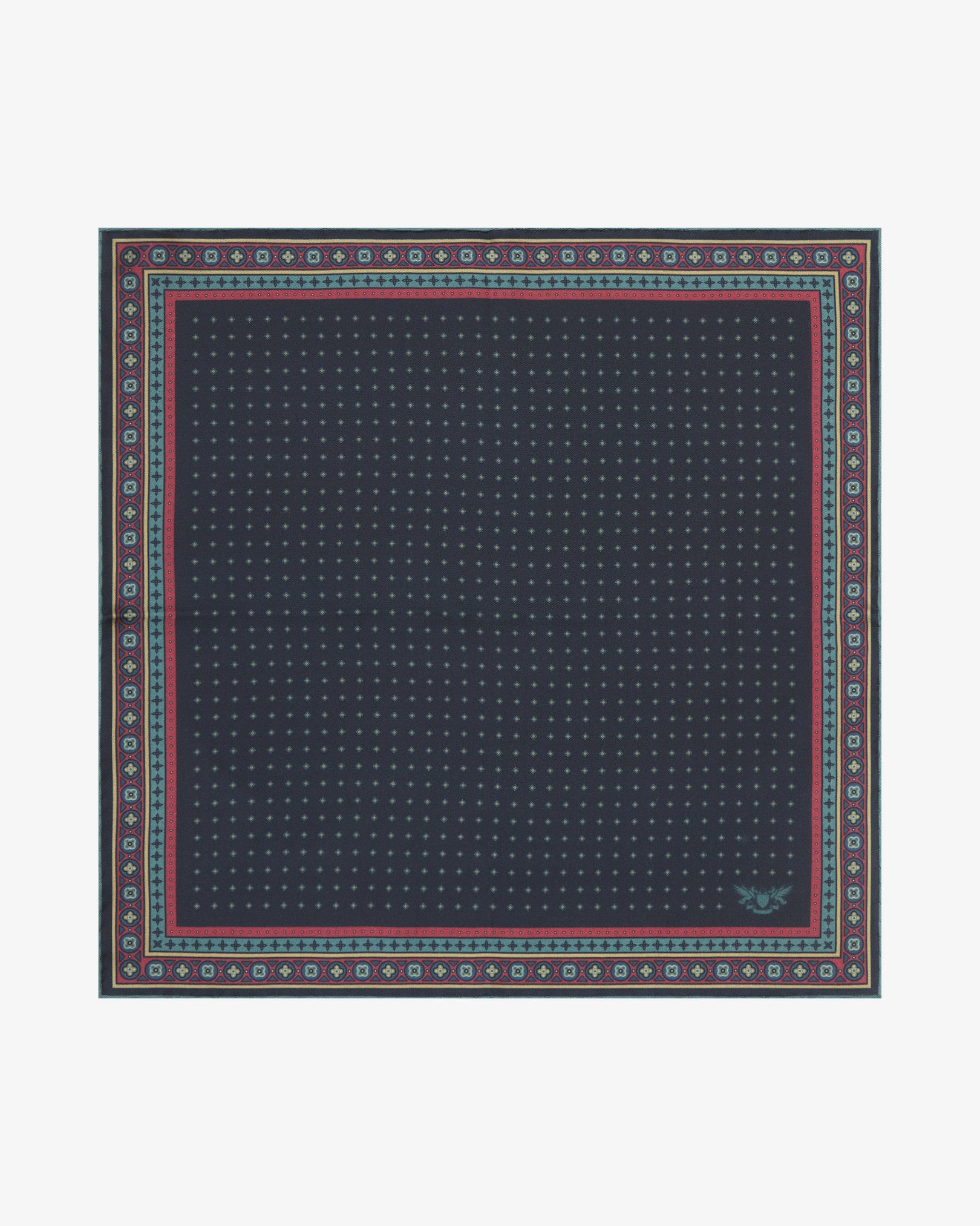 Fully unfolded 'Chiswick' silk pocket square, clearly displaying a fine teal micro-diamond lattice on a deep midnight navy ground, framed by an ornate border with gold, crimson and teal quatrefoil detailing.