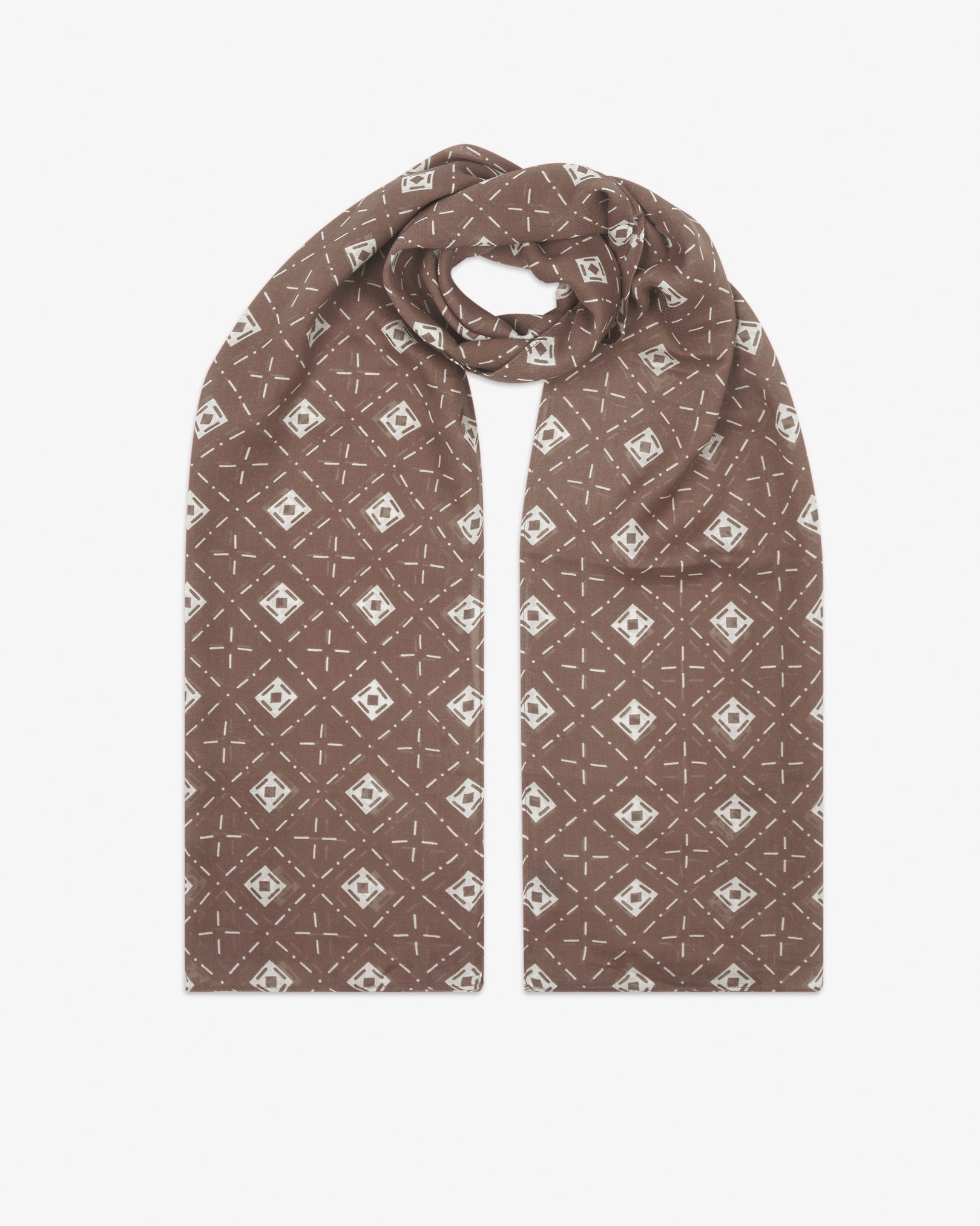 The 'Diamonds' chocolate bohemian wide scarf looped with both ends parallel, showcasing an ordered diamond mosaic pattern with alternating lozenge and crosshair motifs on a rich chocolate brown background across the soft modal and wool blend fabric.
