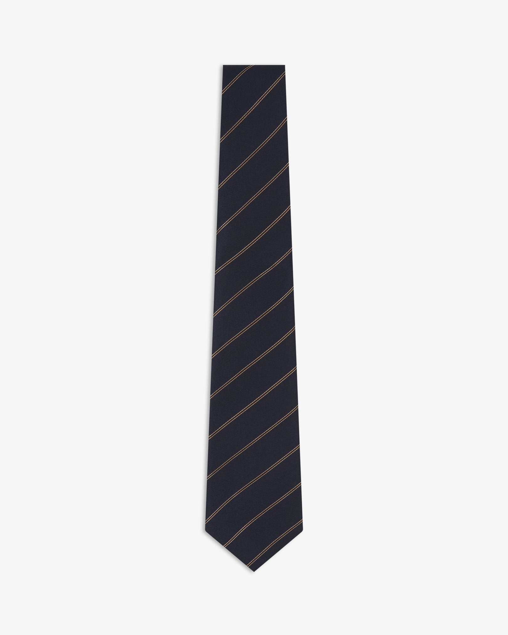 Full-length view of 'Coltraine Mahogany Haze' silk neck tie with narrow diagonal gold and brown stripes on a black ground.