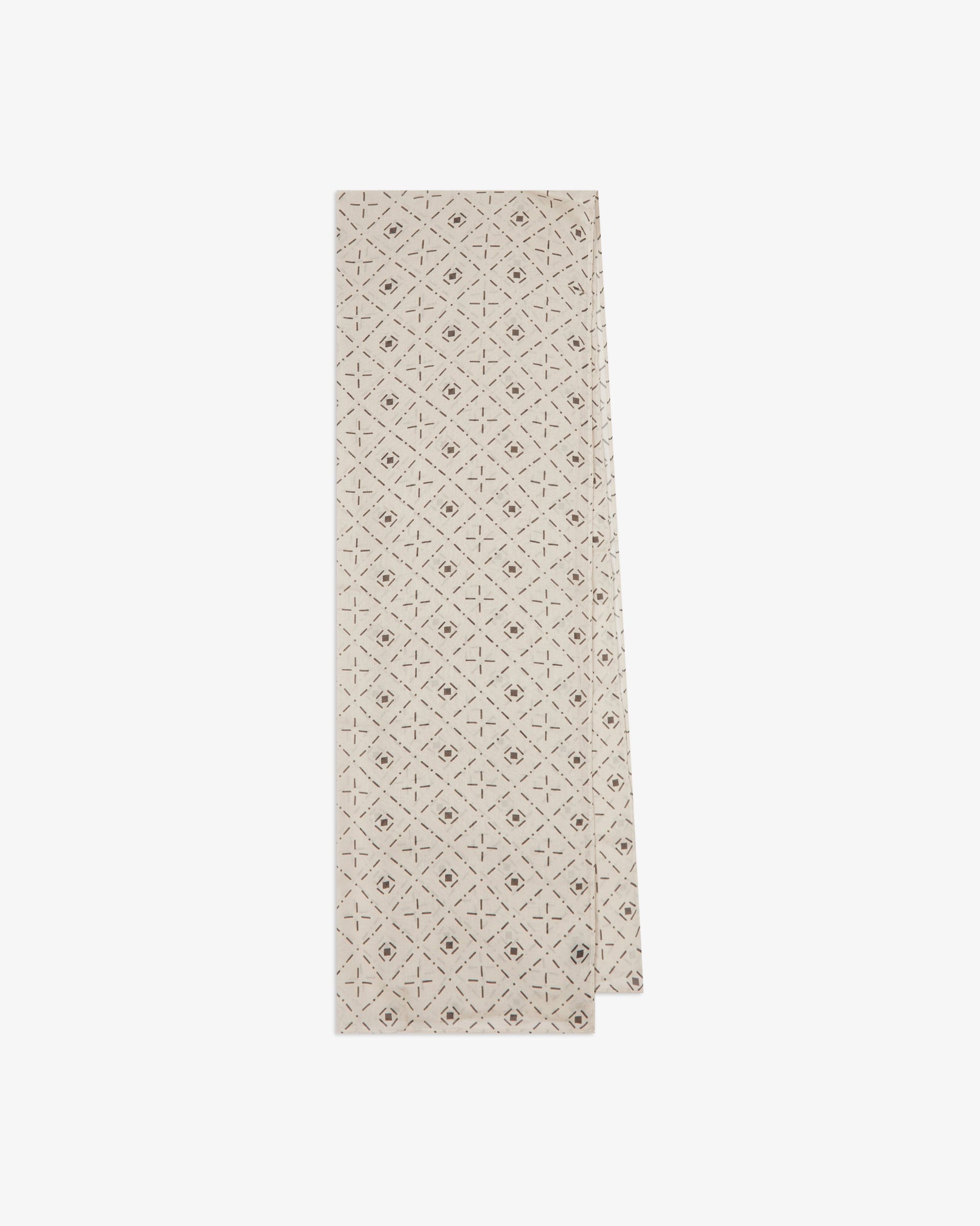 The 'Diamonds' cream bohemian wide scarf from SOHO Scarves folded and presented vertically to show the full dimensions and repeating diamond mosaic pattern of dark grey lozenges and crosshair motifs on a pale cream background.