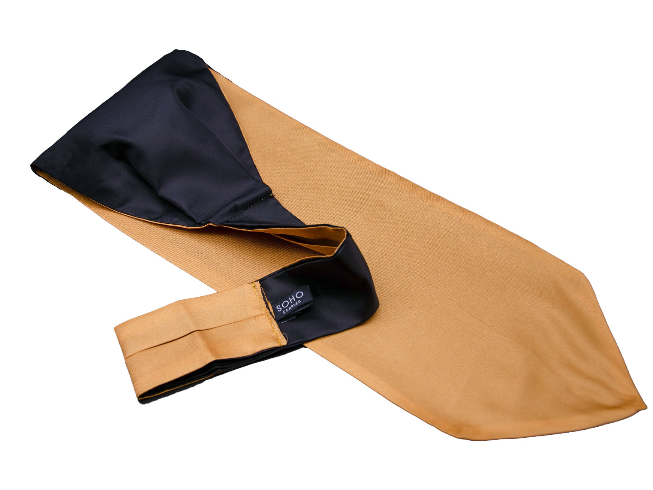 Golden 'Mijas' single pointed Ascot tie arranged diagonally with wide point in foreground.