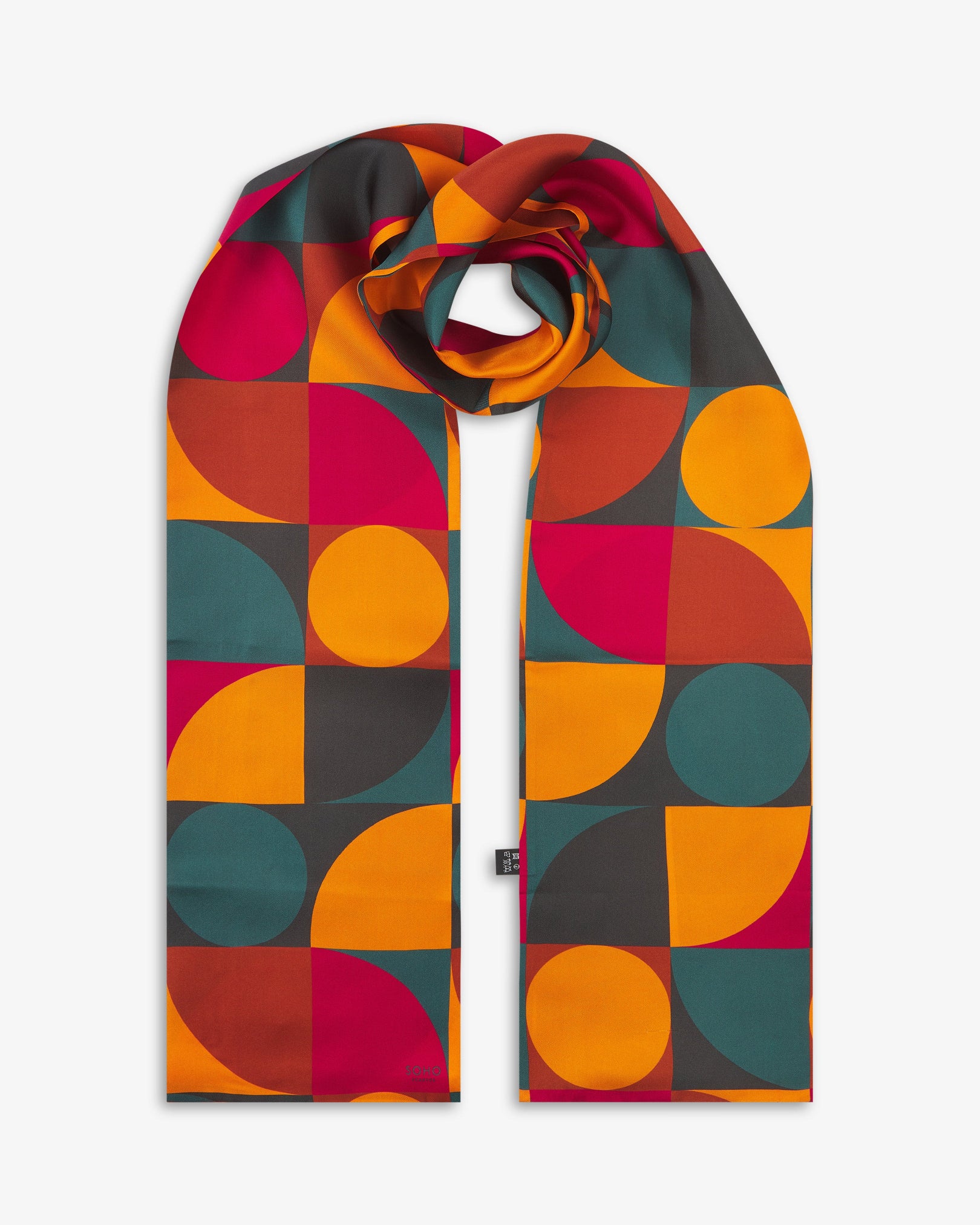 The 'Essen' Bauhaus-inspired silk scarf knotted and looped against a white background.