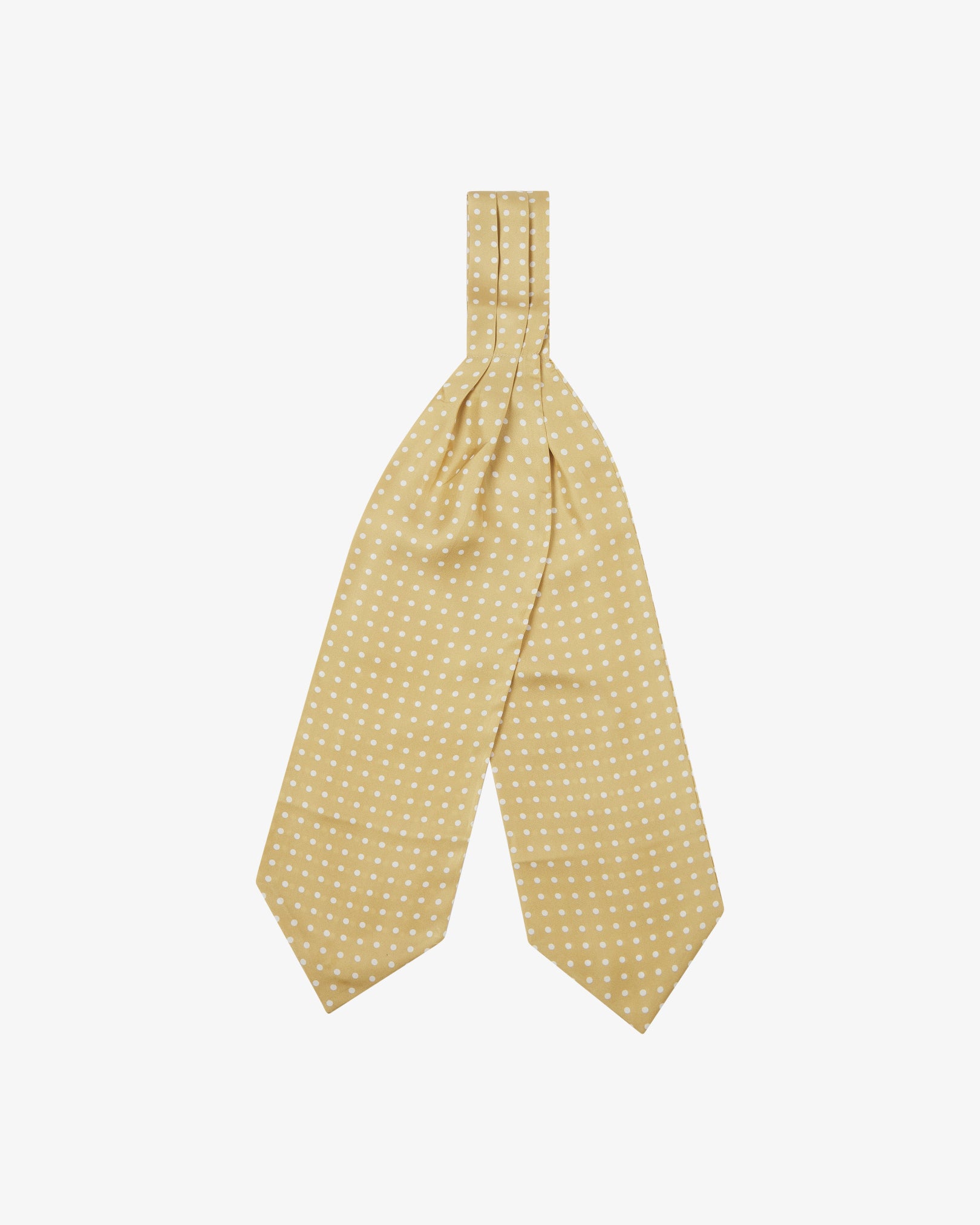 Full view of the 'Denman' silk, double Ascot tie from Soho Scarves, with wide ends pointing towards the bottom. Gold with white dots.