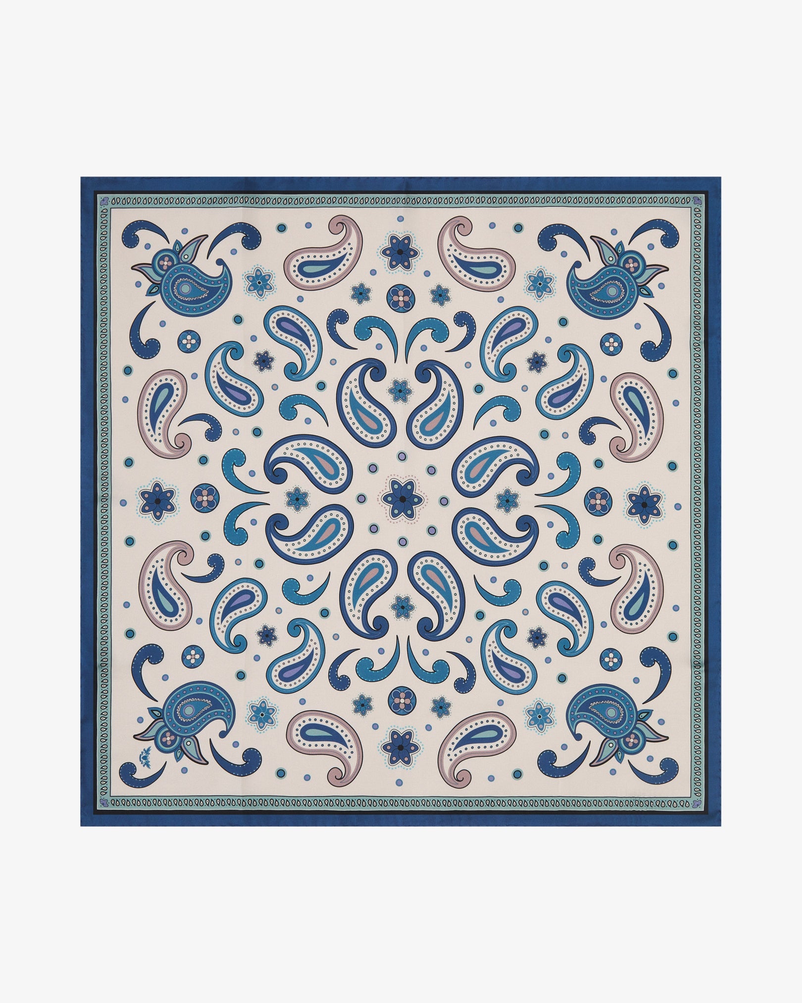 Fully unfolded 'Belgravia' silk neckerchief, clearly displaying an elegant paisley-inspired pattern on a soft cream background, framed by a decorative blue border and a rich blue outer border.