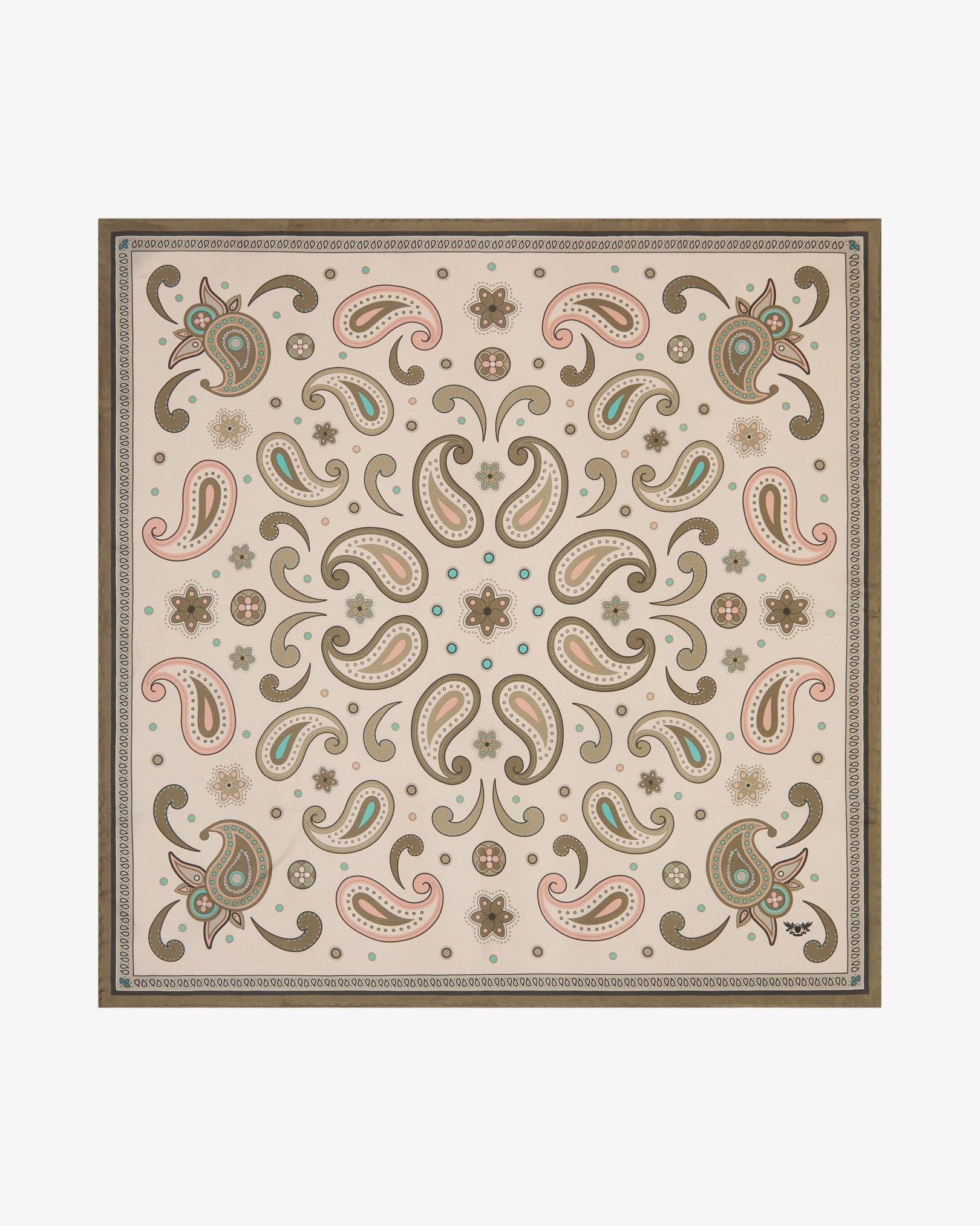 Fully unfolded 'Belgravia' silk neckerchief, clearly displaying an elegant paisley-inspired pattern on a soft cream background, framed by an olive decorative border and a fine cream outer border.