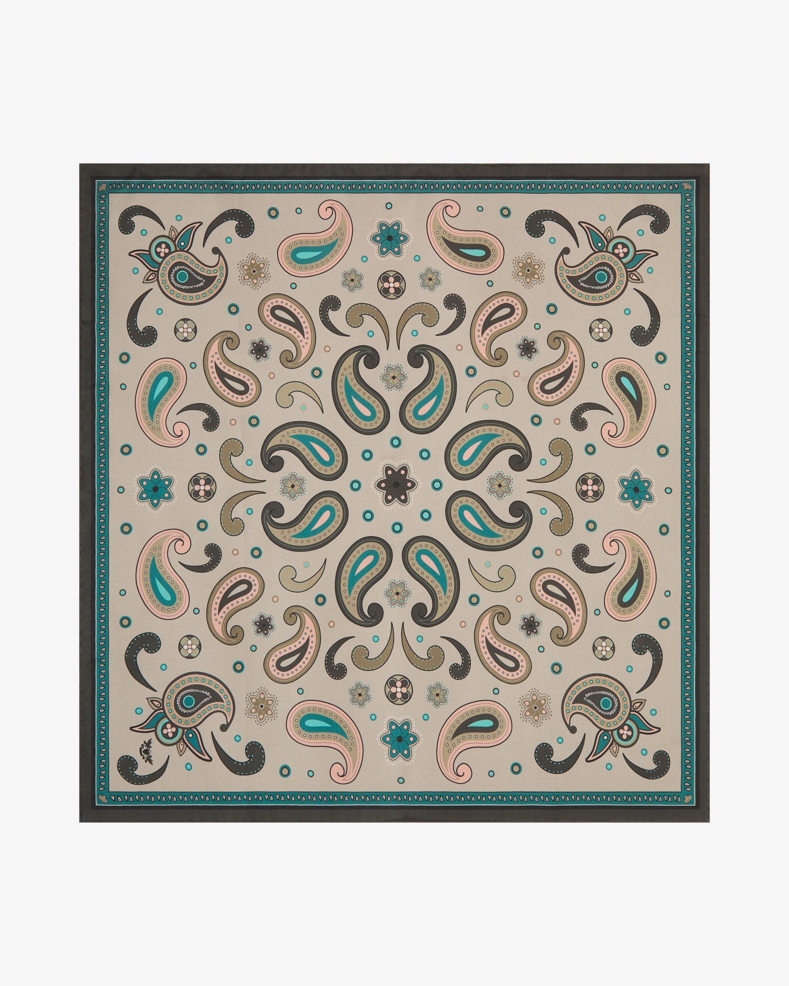 Fully unfolded 'Belgravia' silk neckerchief, clearly displaying an elegant paisley-inspired pattern on a warm khaki background, framed by a teal decorative border and a deep charcoal outer border.