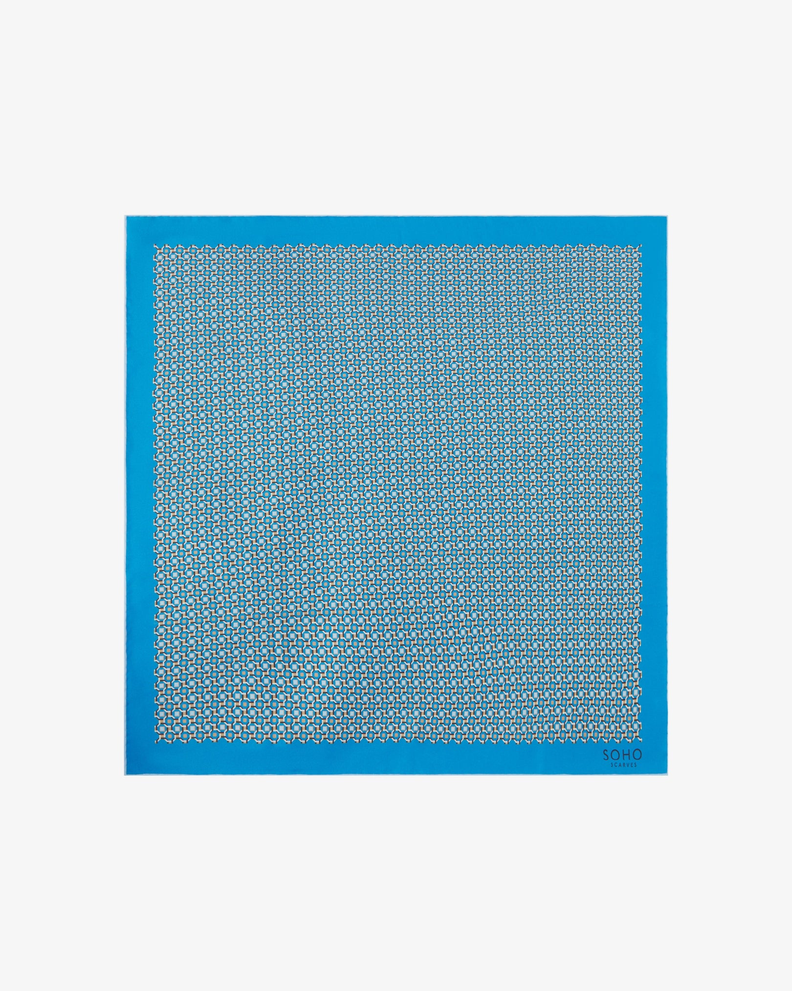 Fully unfolded 'Berwick' silk neckerchief, clearly displaying the repeating turquoise and stone-grey geometric pattern on a golden-beige background, bordered with solid turquoise.