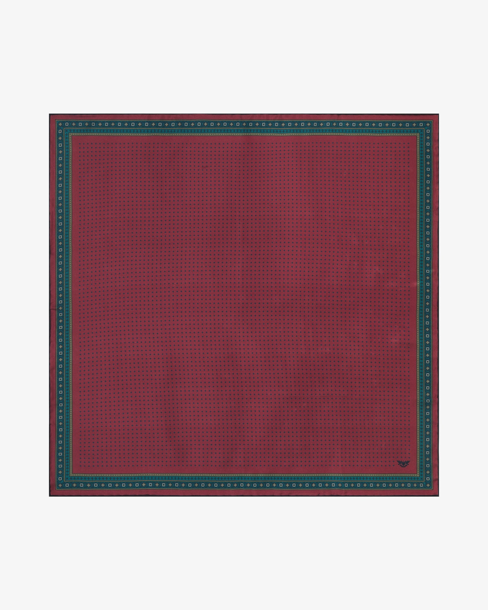 Fully unfolded 'Chiswick' silk neckerchief, clearly displaying a fine micro-dot lattice on a rich berry-crimson background, framed by an ornate geometric medallion border in teal, olive and berry tones with a clean outer edge.