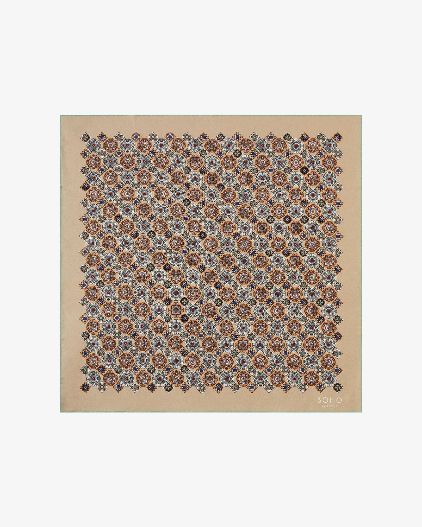 Fully unfolded 'Fitzrovia' silk neckerchief, clearly displaying the detailed repeating medallion pattern across a hazelnut base, framed with a fine mint-green border.