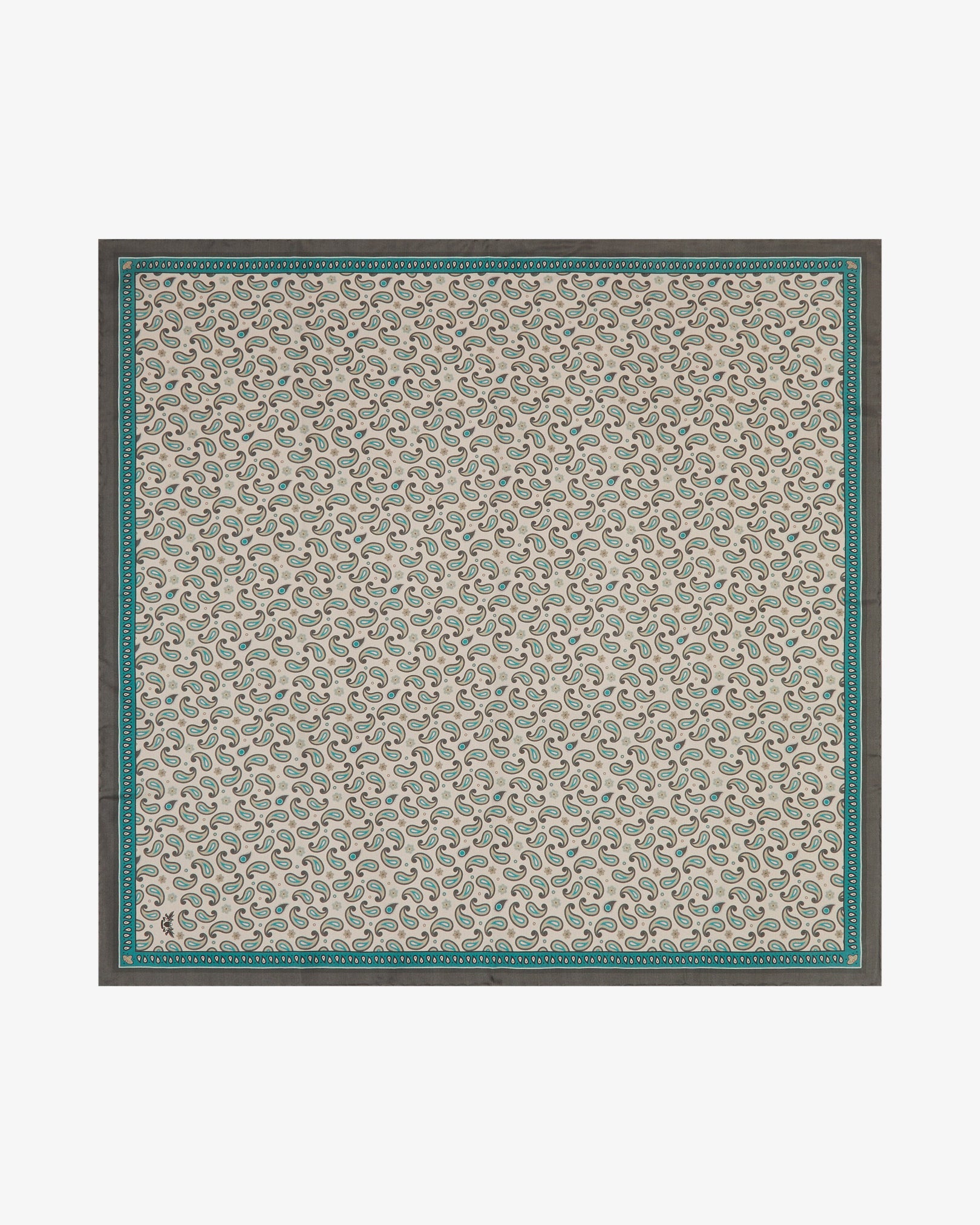 Fully unfolded 'Highbury' silk neckerchief, clearly displaying a delicate repeating paisley pattern on a warm khaki background, framed by a teal decorative border and a charcoal outer border.