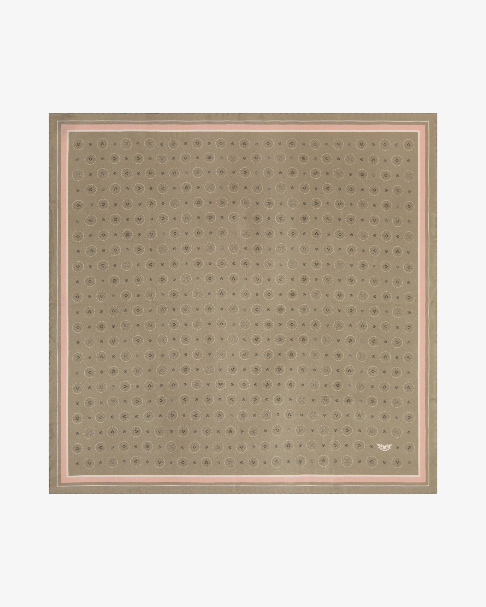 Fully unfolded 'Islington' silk neckerchief, clearly displaying the repeating cream-gold geometric circle and sunburst pattern on a warm khaki background, framed by a slim blush-pink inner border and a soft rose outer border.