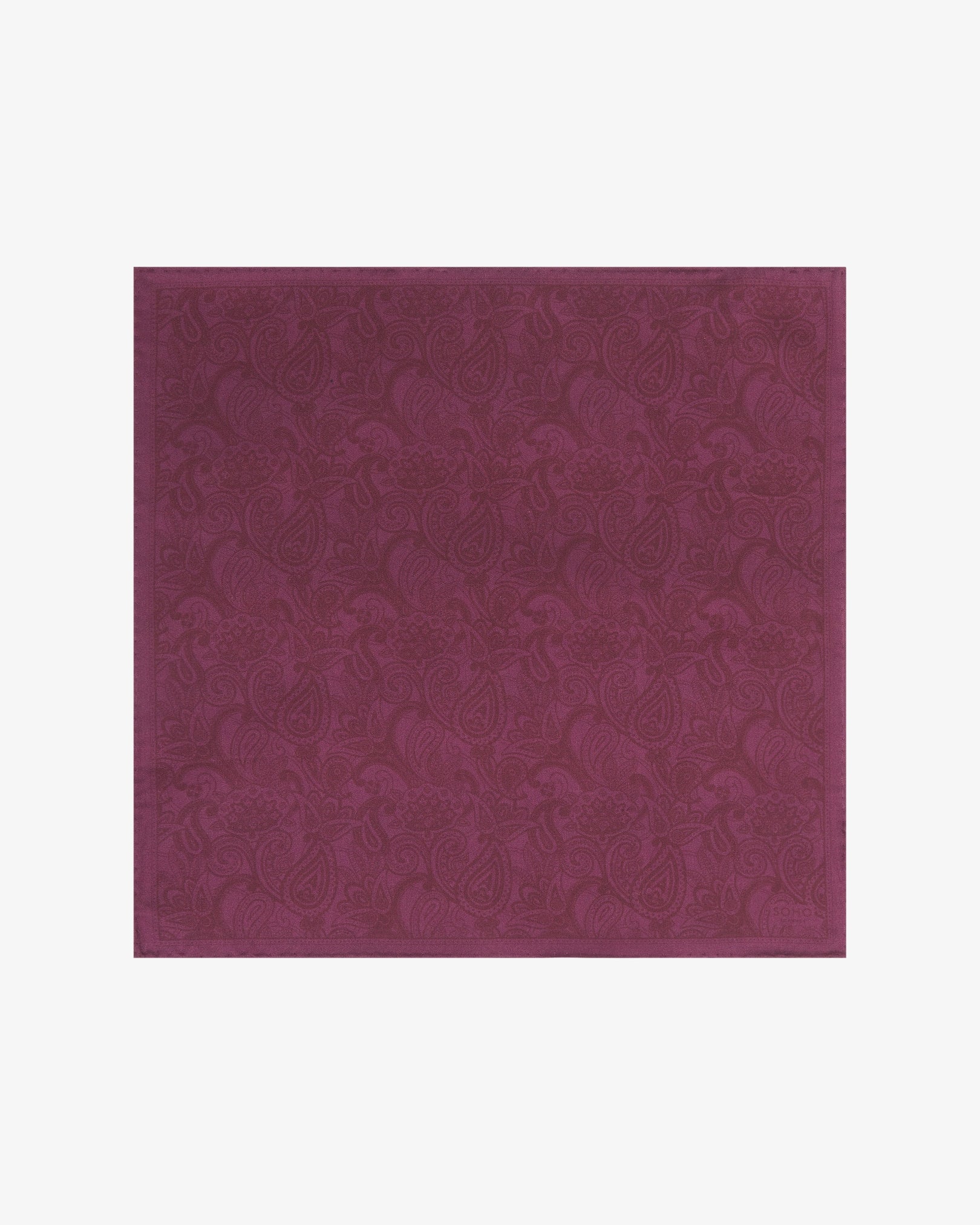 Fully unfolded purple silk pocket square from SOHO Scarves, showcasing the detailed paisley pattern and the smooth texture of the silk material.
