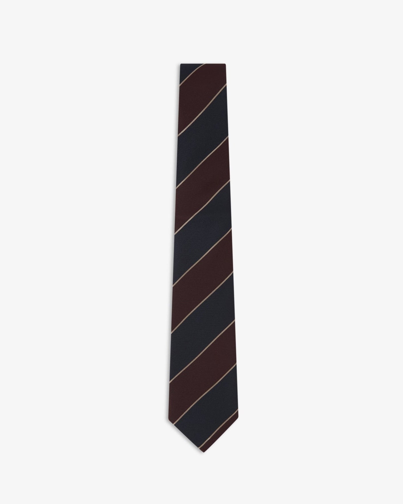 Full-length view of 'Jarrett Mahogany Haze' silk neck tie with maroon and black bands with fine gold highlights
