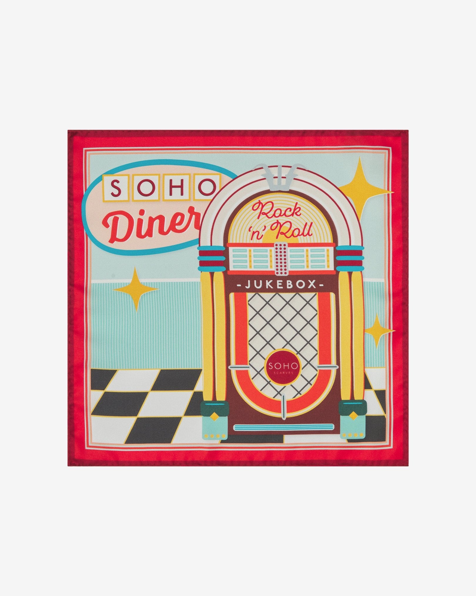 Fully unfolded 'Jukebox 2' silk pocket square, showing the 1950's jukebox, chequered floor and retro 'SOHO Diner' signage design using a classic 1950's colour palette.