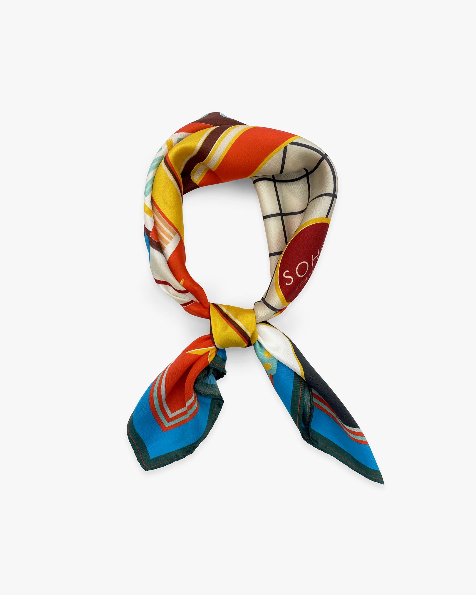 The 'Jukebox' silk pocket square from SOHO Scarves knotted and looped against a white background.