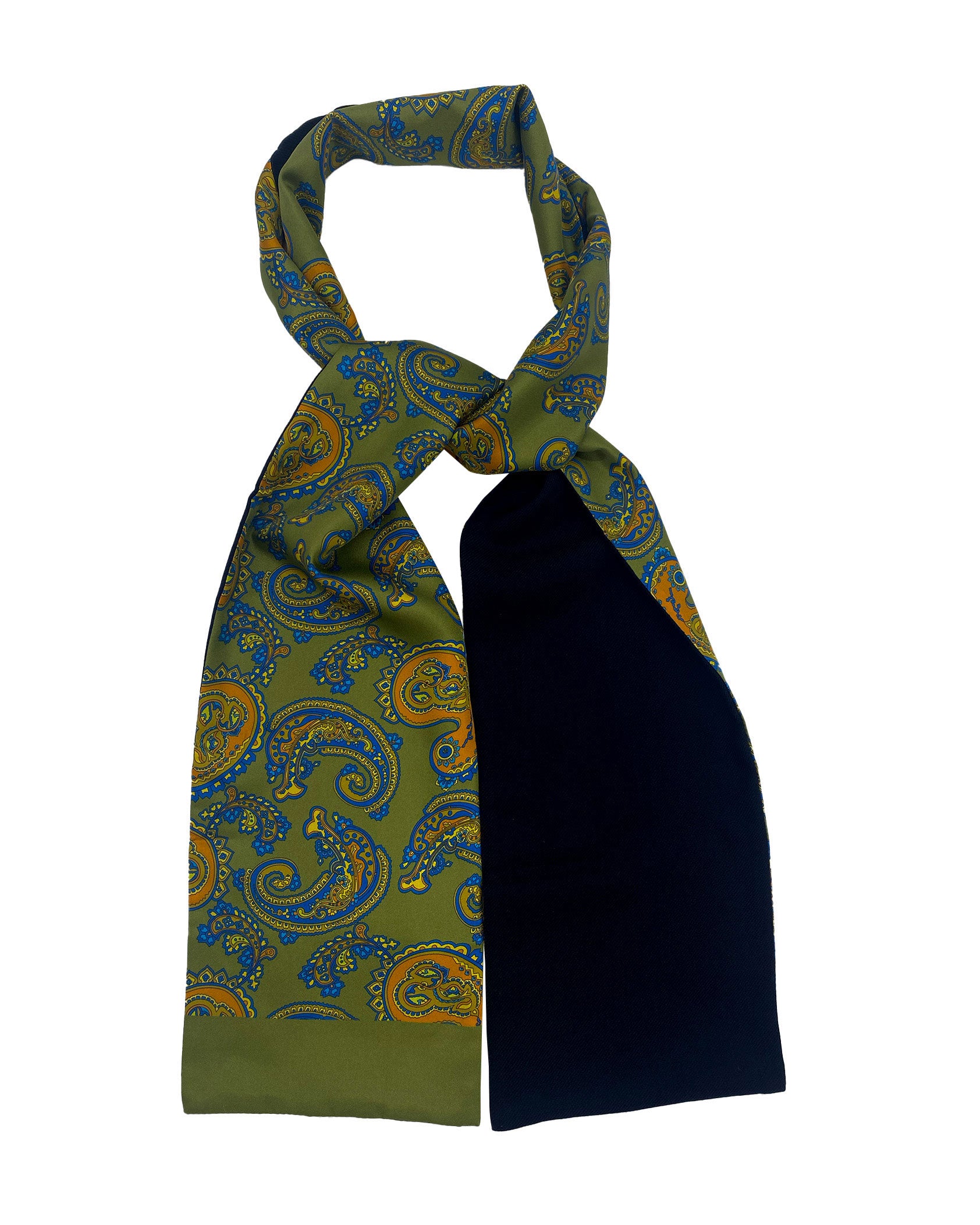 The Carlisle wool-backed silk scarf looped and knotted, demonstrating the length, width, pattern on silk and the fine woollen underside.