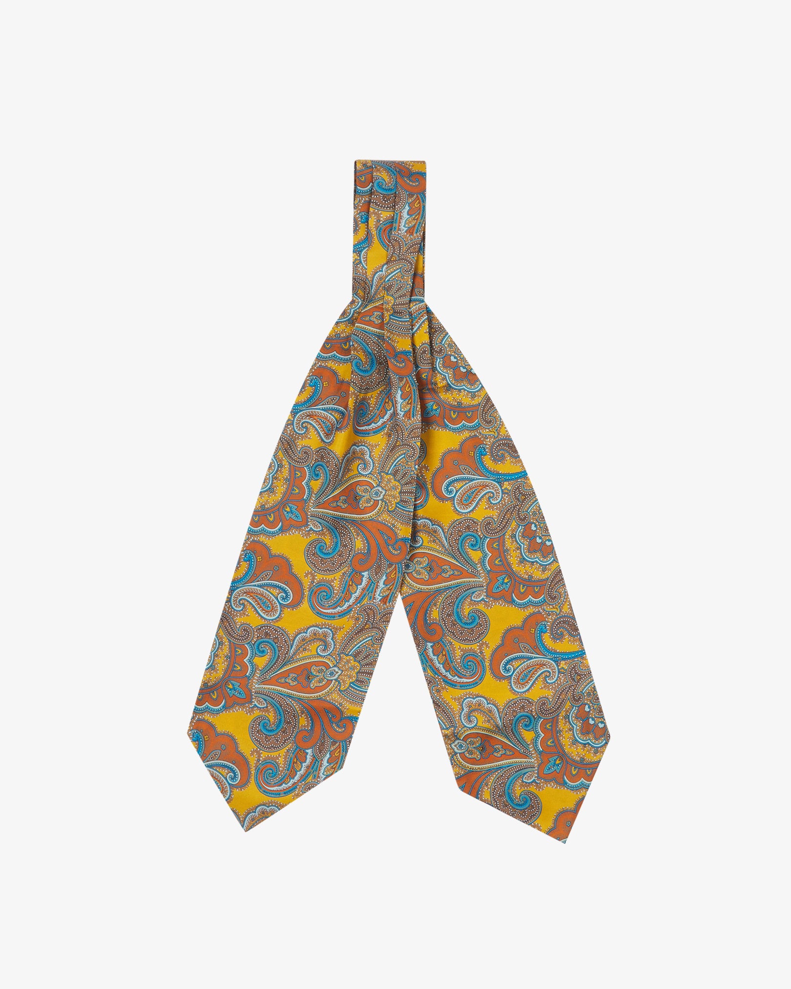 The Carnaby double Ascot tie with wide ends at the bottom and clear view of the blue patterns and cream-gold accents on a deep golden ground