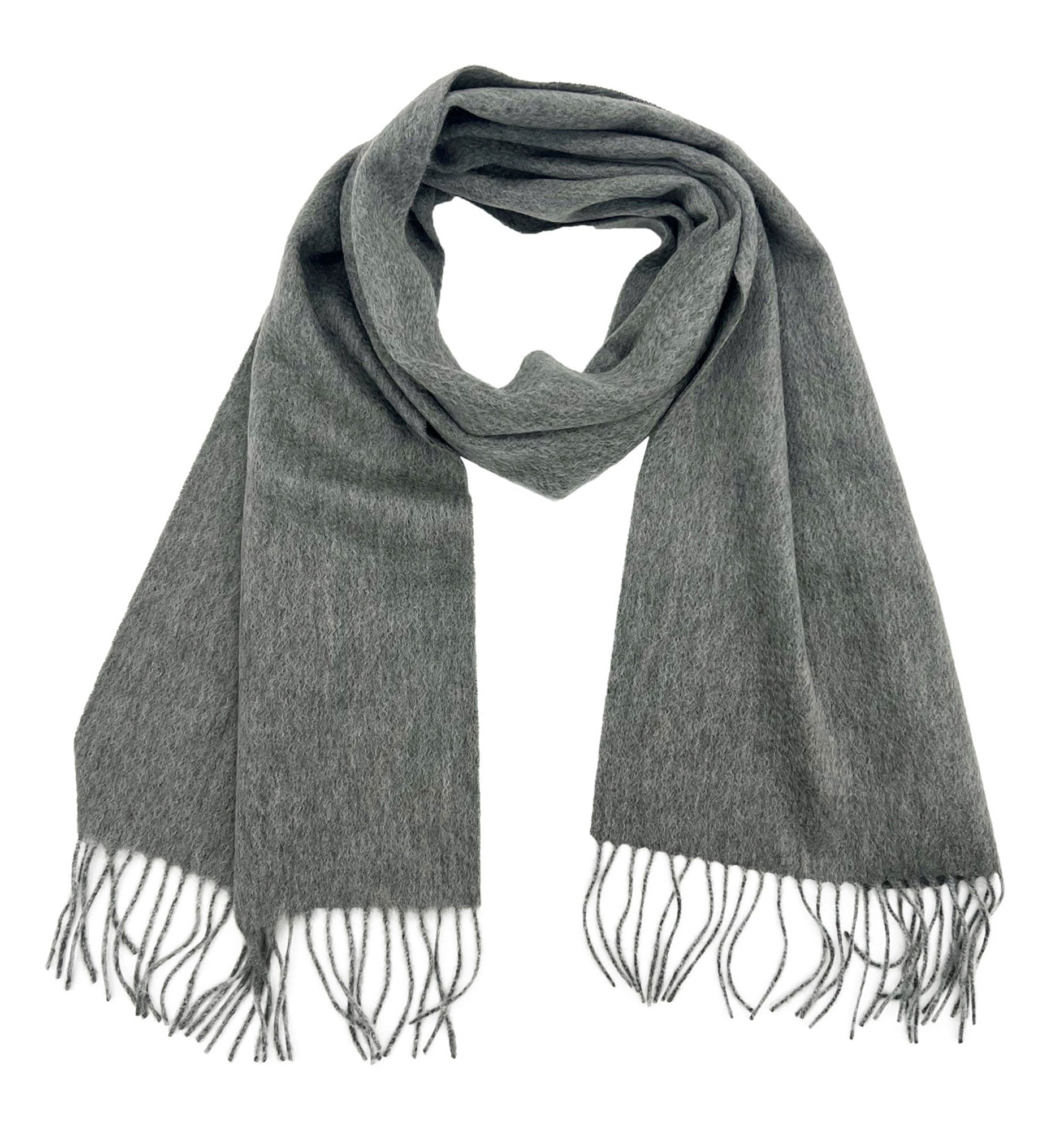 Looped light grey cashmere scarf with both ends parallel and tassles extended.