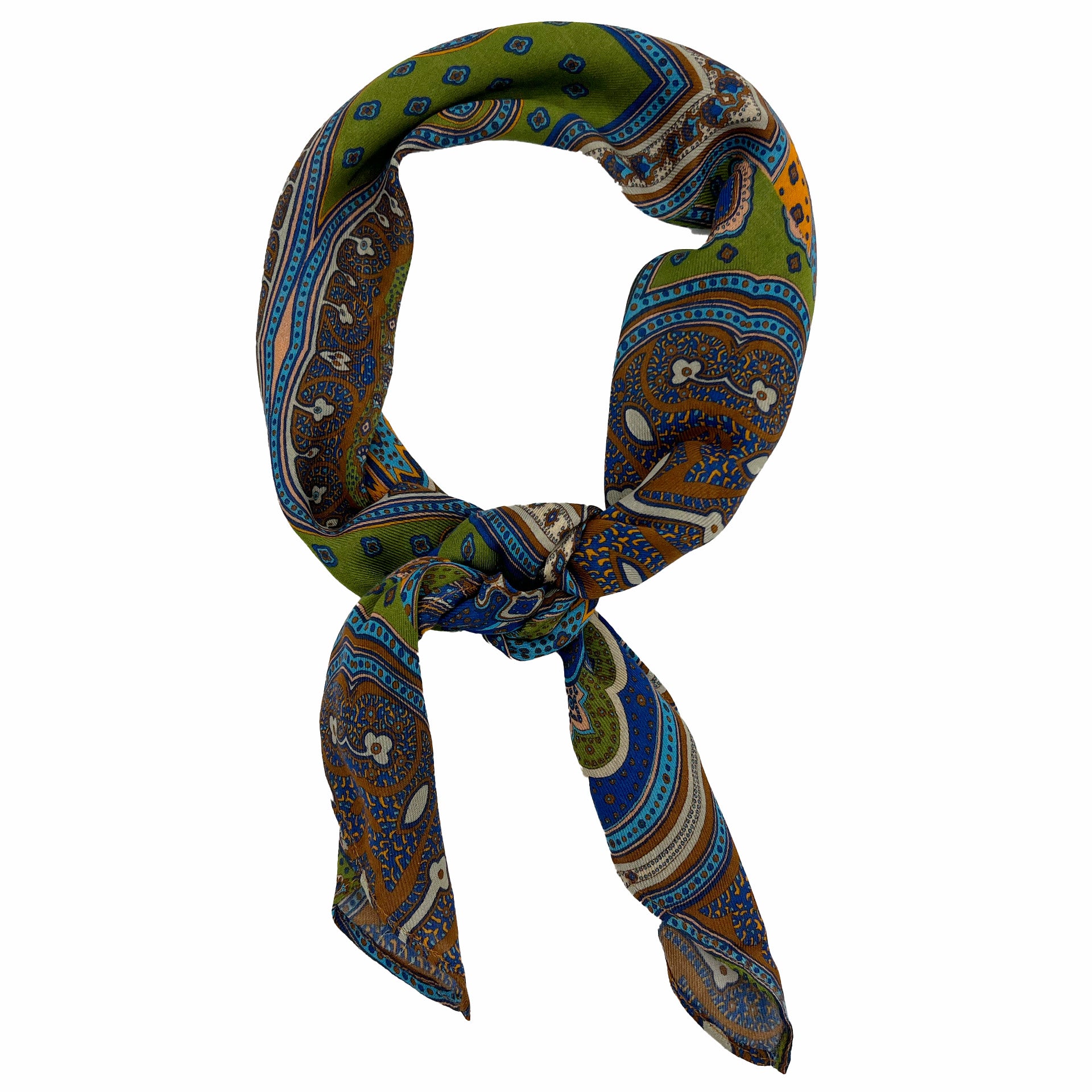 'The Montreal' multicoloured paisley patterned bandana in appealing earthy tones. Knotted into a loop on a white background.