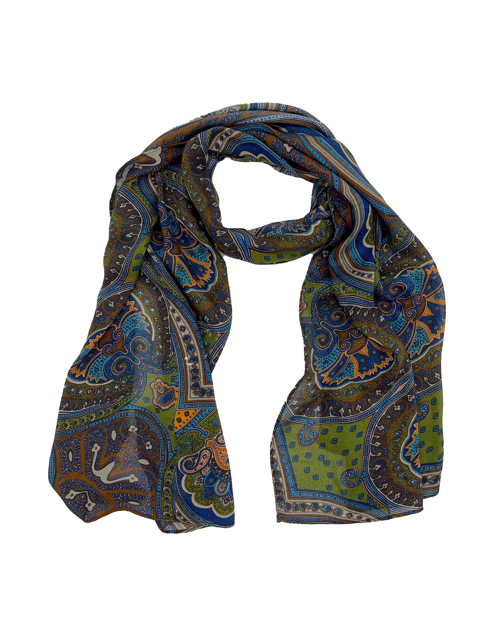 The Montreal multicoloured paisley-patterned bohemian wide scarf in appealing earthy tones. Knotted into a loop on a white background.