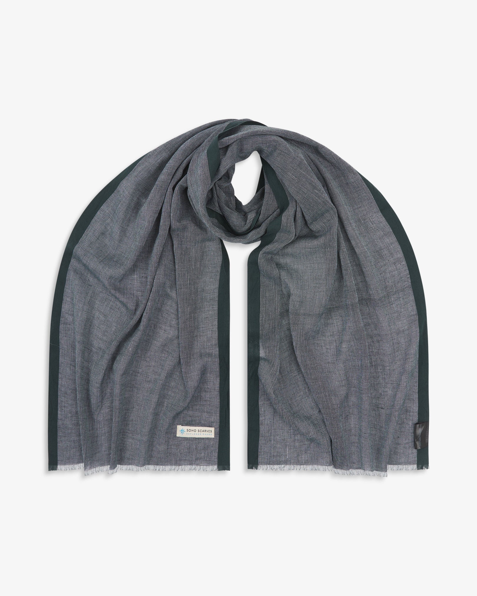 The 'Earhart' cotton plaid scarf, looped in middle with both ends parallel. Displaying the forest green yarns and the SOHO Scarves Explorer Range branding logo in the bottom-left.