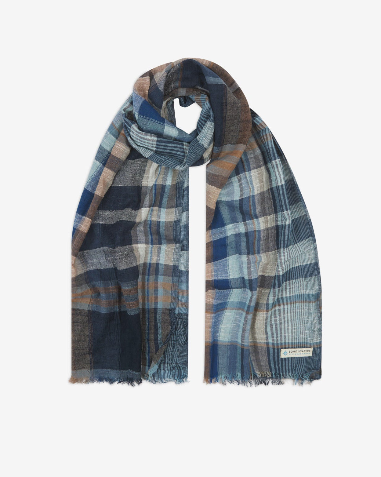 The 'Irvine' cotton scarf, looped in middle with both ends parallel. Displaying the interlocking bands of browns, blues and whites and the SOHO Scarves Explorer Range branding logo in the bottom-right.