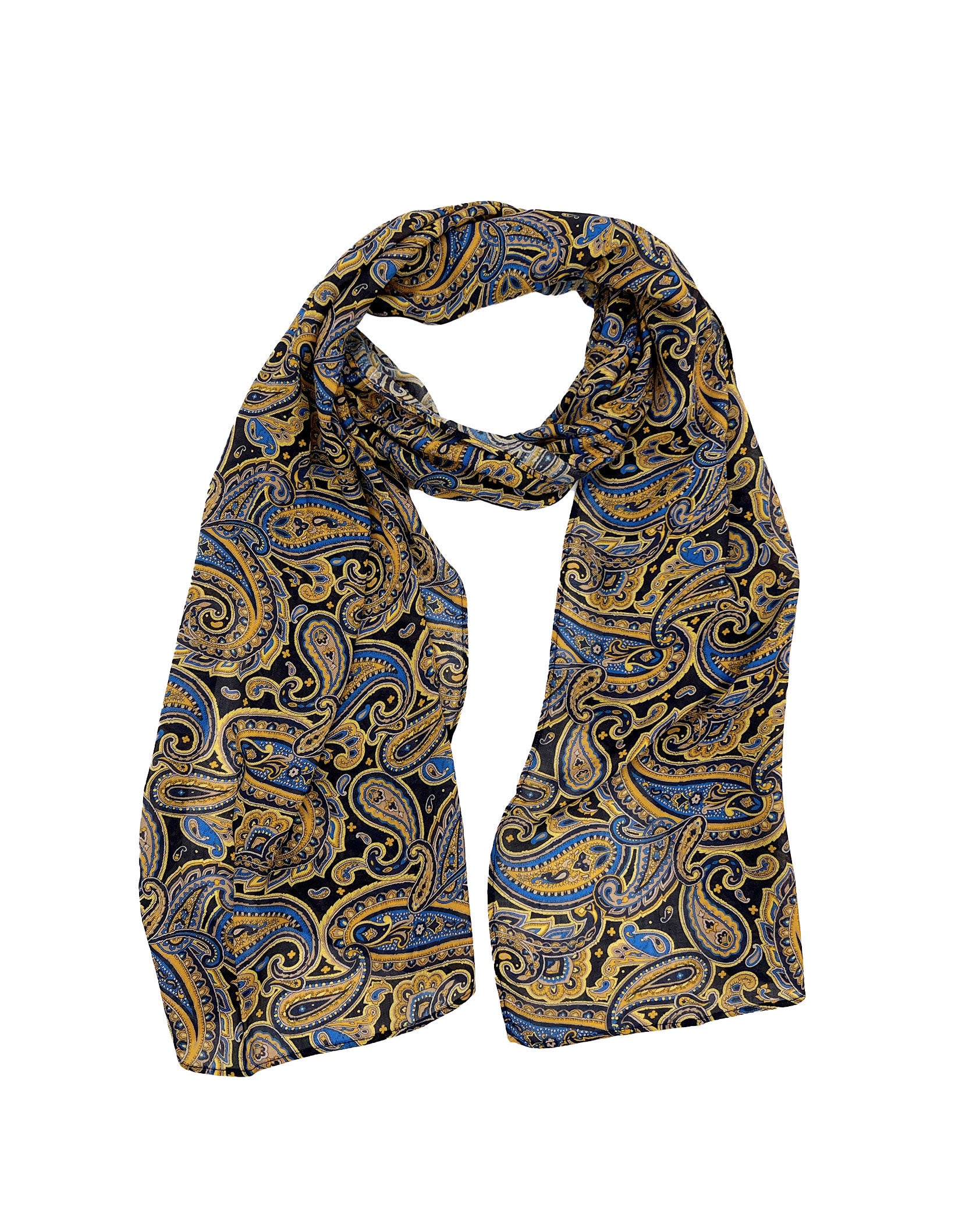 The Ormond wide scarf unravelled and looped in the middle, demonstrating the considerable length and showing  blue, yellow and gold patterns on a black ground.