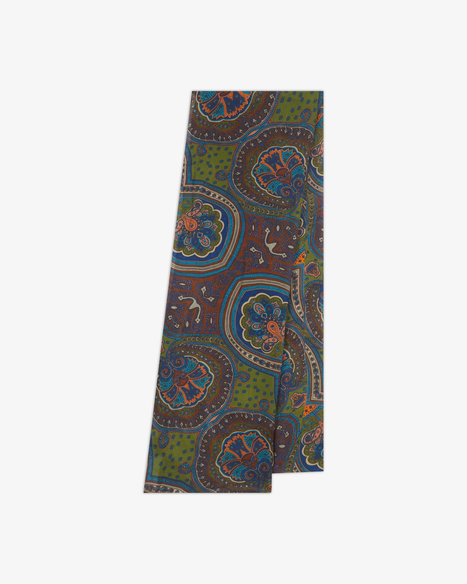 The Montreal bohemian wide scarf from SOHO Scarves folded and presented vertically to show the full dimensions and bold abstract paisley-inspired design in earthy shades of olive green, brown, blue and burnt orange.