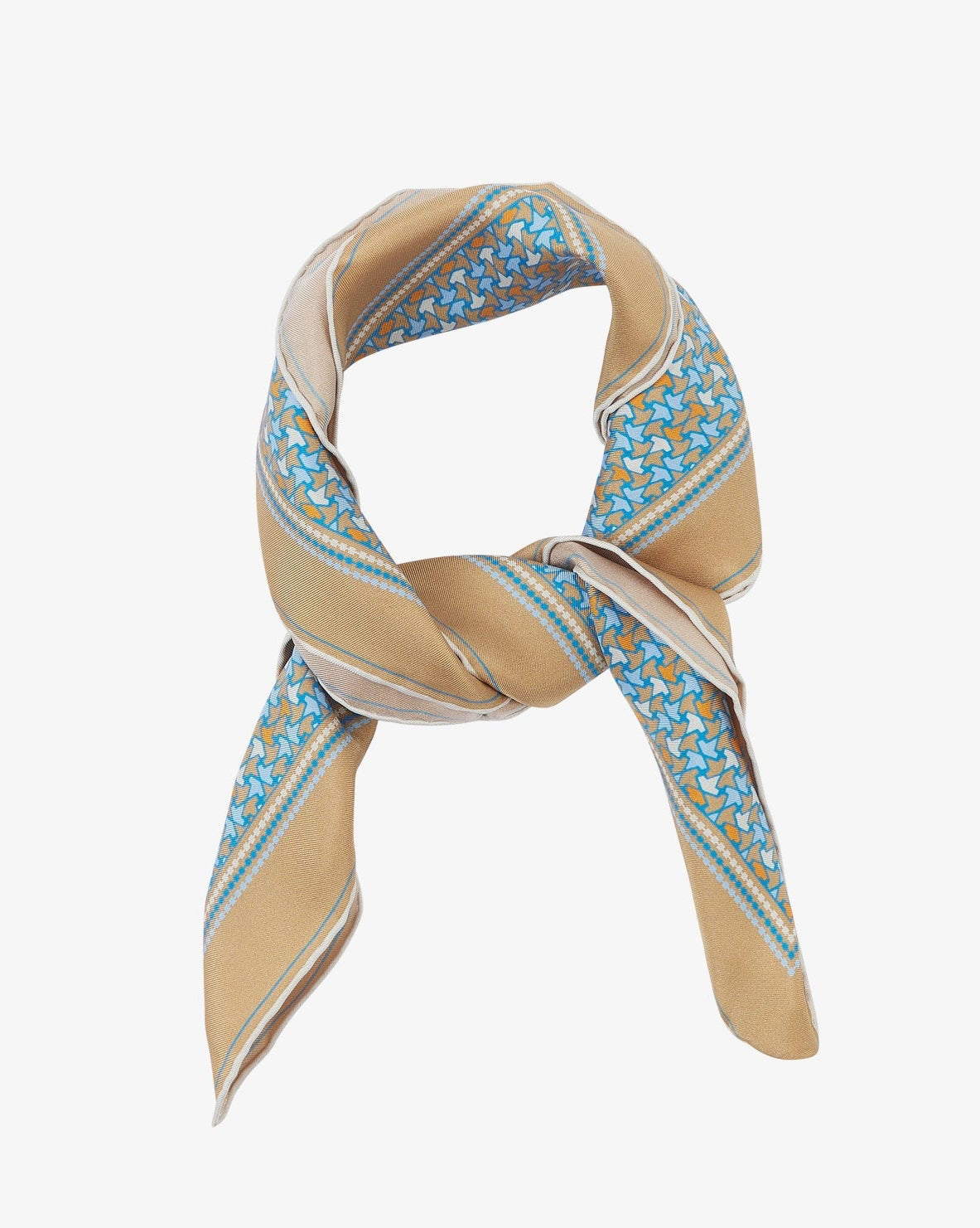 The 'Richmond' neckerchief looped and knotted, showcasing the golden-beige silk background with a delicate border of blue and orange leaf motifs.