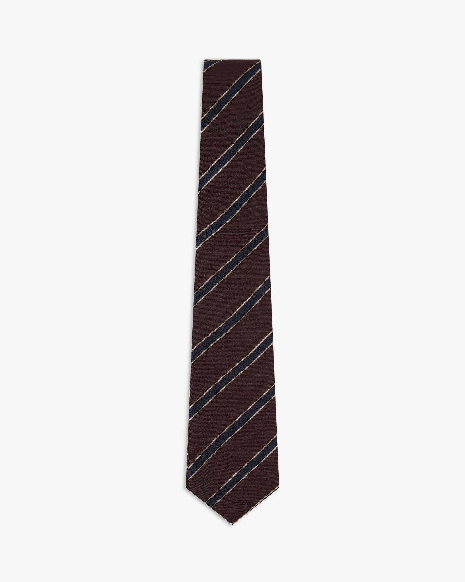Full-length view of 'Sanders Mahogany Haze' silk neck tie with narrow diagonal gold and navy stripes on a maroon ground.