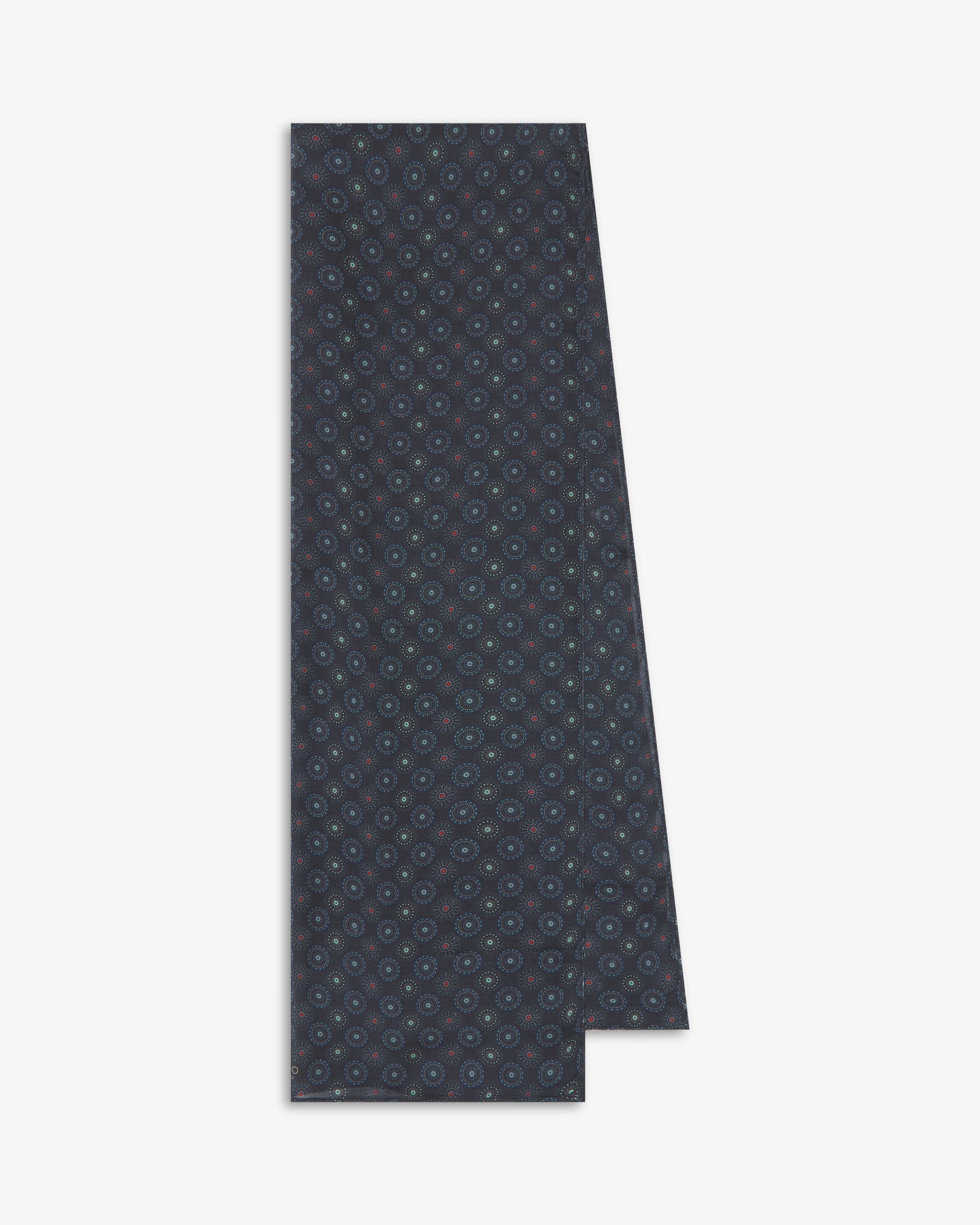 The Seattle 'Gardenia' bohemian wide scarf folded and presented vertically to show the full dimensions and repeating circular pattern in blue and mint green on a black background with subtle red accents.