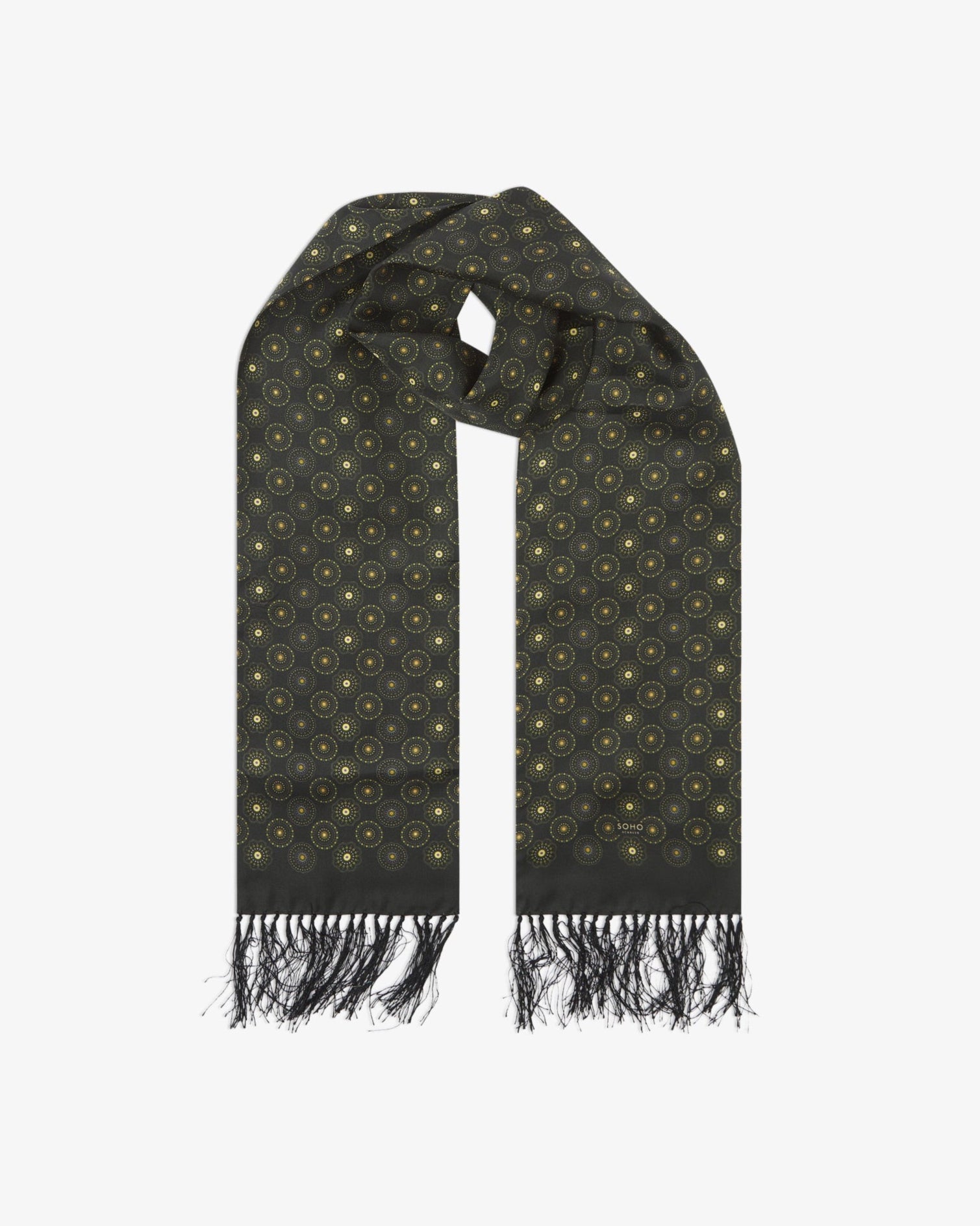 The 'Seattle Green' silk aviator scarf looped with both ends parallel to effectively display the purple and lime geometric patterns against the sheen of the fine silk material.