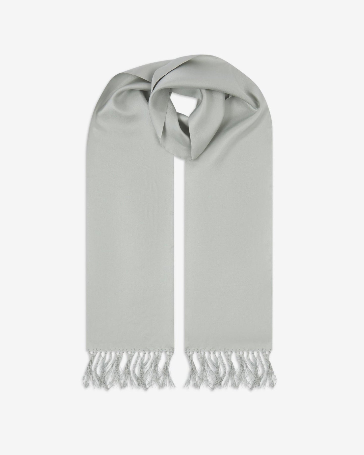 Silver silk aviator scarf from Soho Scarves. Looped with both ends parallel showing the branding label to the right and the matching 8cm long fringes.