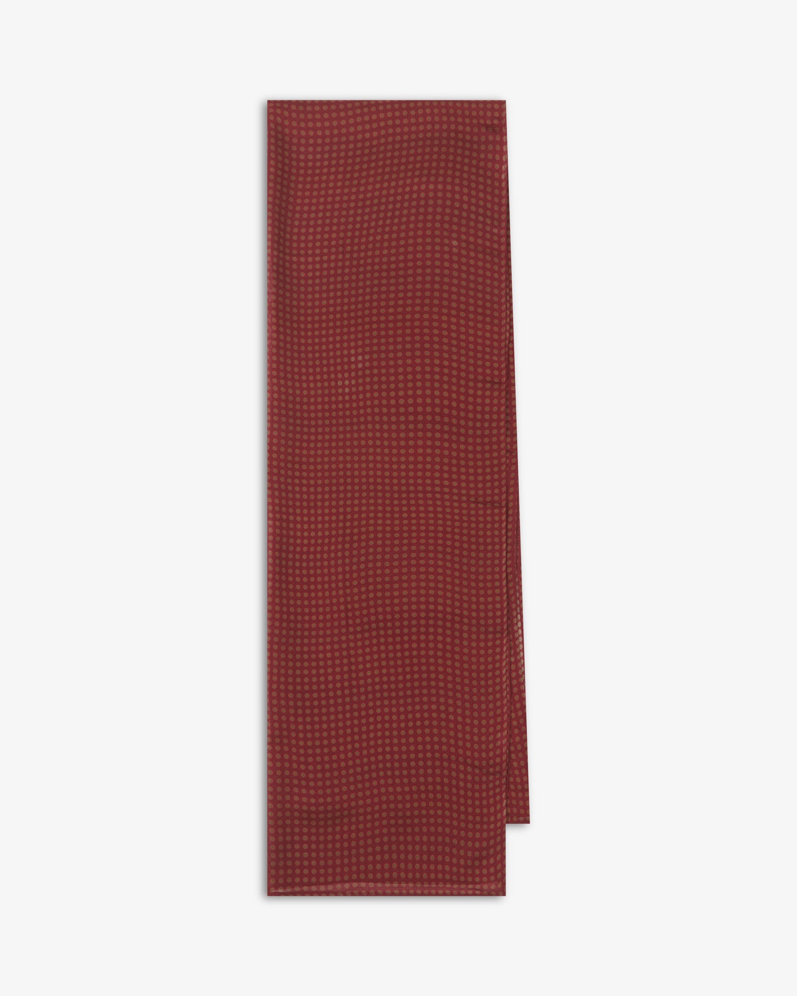 The Skytree 'Good Fortune' bohemian wide scarf folded and presented vertically to show the full dimensions and repeating pattern of small concentric disc motifs in green and pink on a rich maroon background.