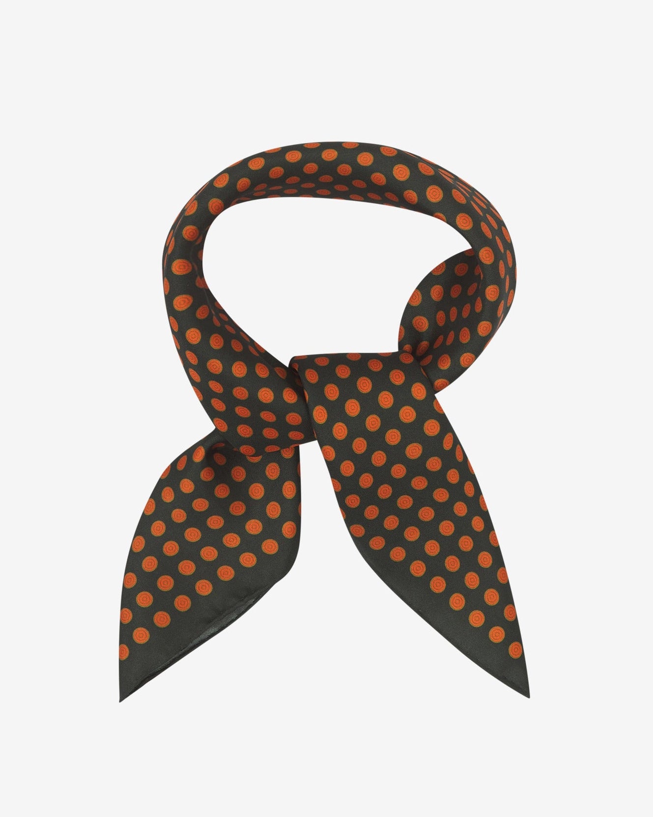 The 'Skytree Olive' neckerchief looped and knotted, presenting the orange disc pattern against the sheen of the fine silk material.