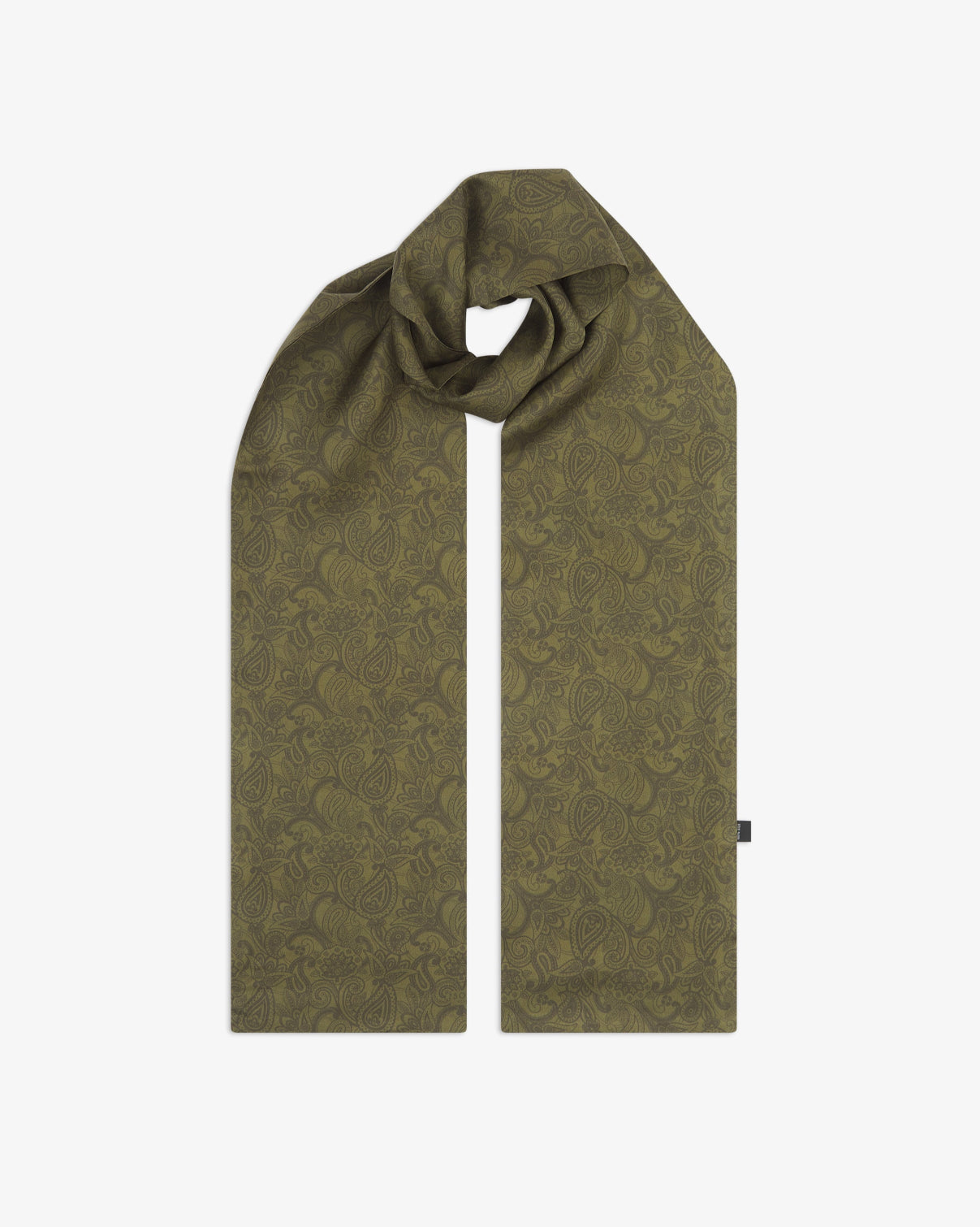 The 'Tonal Paisley' olive silk scarf looped with both ends parallel to showcase the full repeat pattern of muted green paisley motifs on a deep olive background.