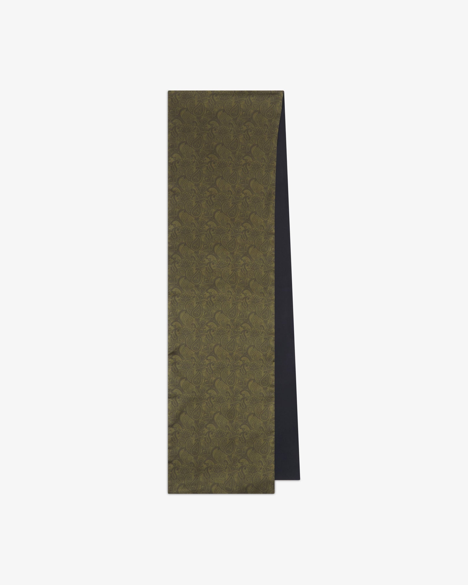 Flat lay of the 'Tonal Paisley' scarf in olive green, featuring a refined paisley pattern across the silk front with a solid black wool backing revealed on one side.