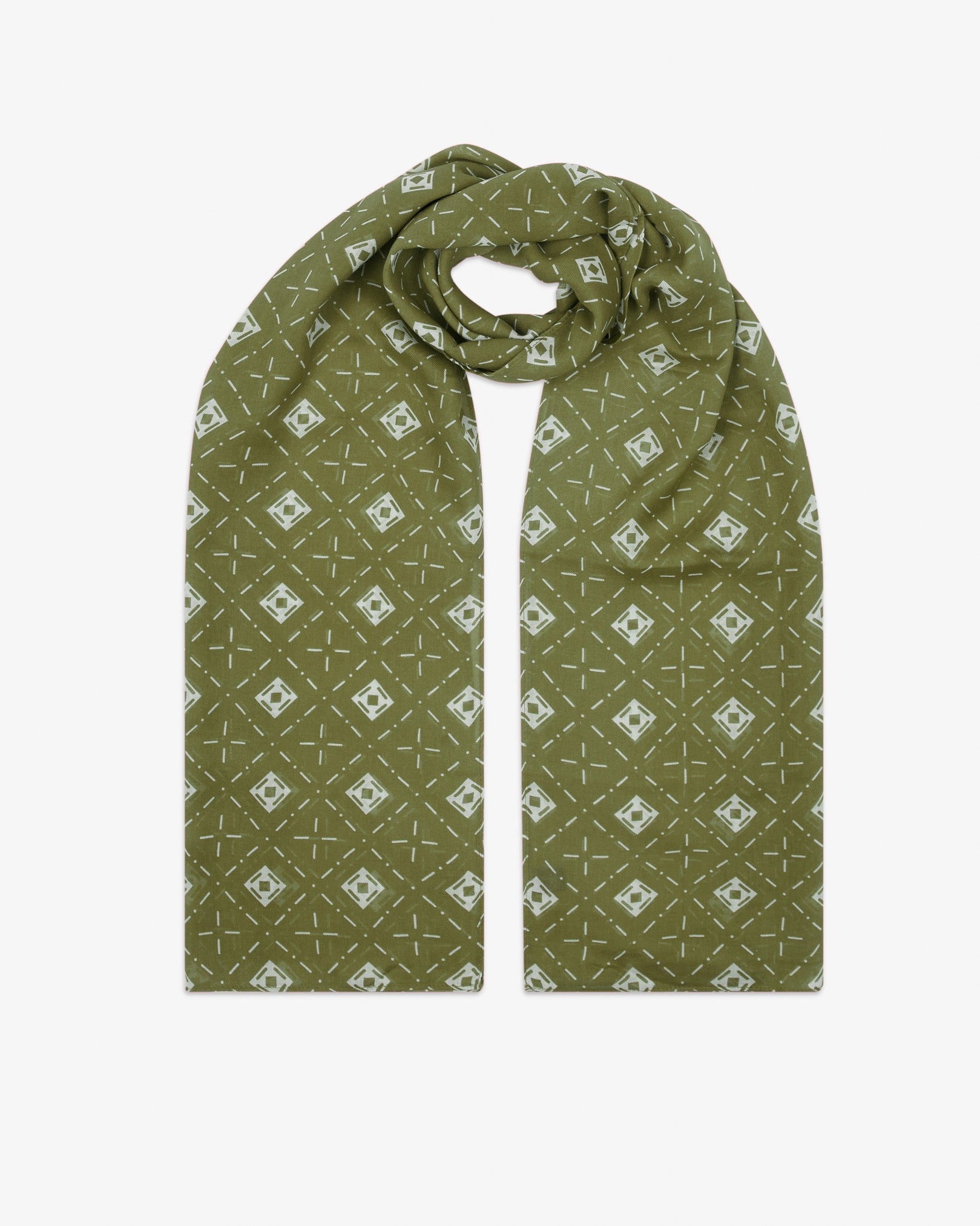 The 'Diamonds' verdant bohemian wide scarf looped with both ends parallel, showcasing an ordered diamond mosaic pattern with alternating lozenge and crosshair motifs on a lush verdant green background across the soft modal and wool blend fabric.