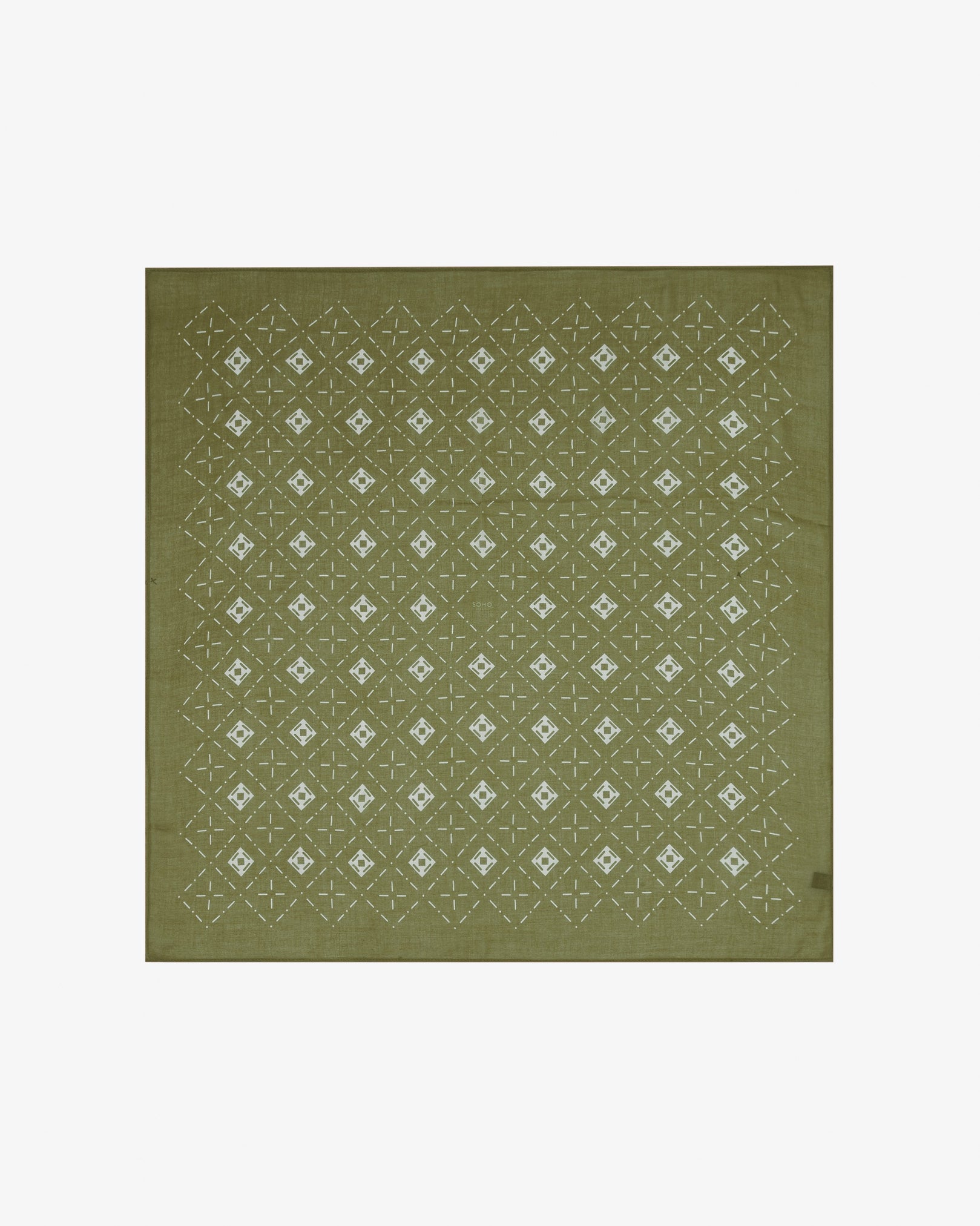 Fully unfolded 'Diamonds in Verdant' modal and wool bandana, displaying the complete repeating diamond mosaic pattern of lozenges and crosshair motifs in contrasting verdant green tones framed by a wide border.