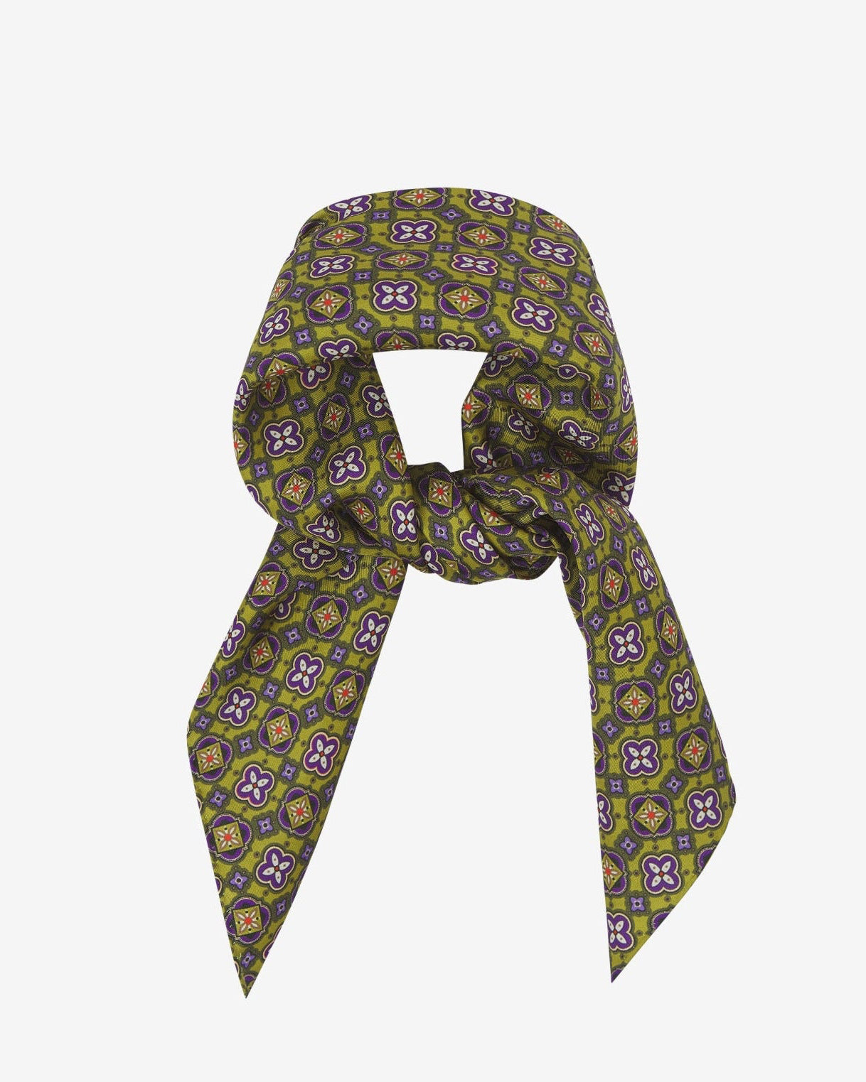 The 'Wenatchee Lime' neckerchief looped and knotted, presenting the floral and geometric patterns of lime and purple against the sheen of the fine silk material.