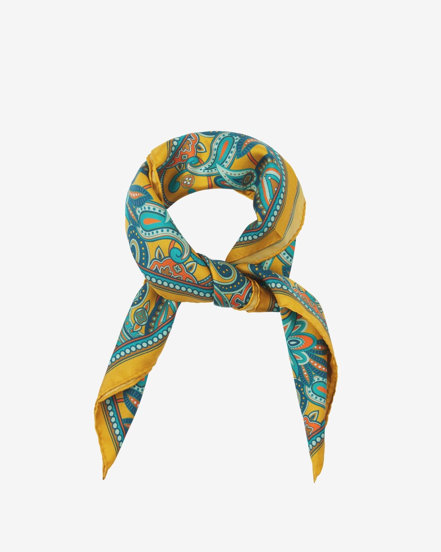 The 'Windermere' neckerchief looped and knotted, presenting the blue, blue-green, orange, and yellow paisley patterns against the sheen of the fine silk material.