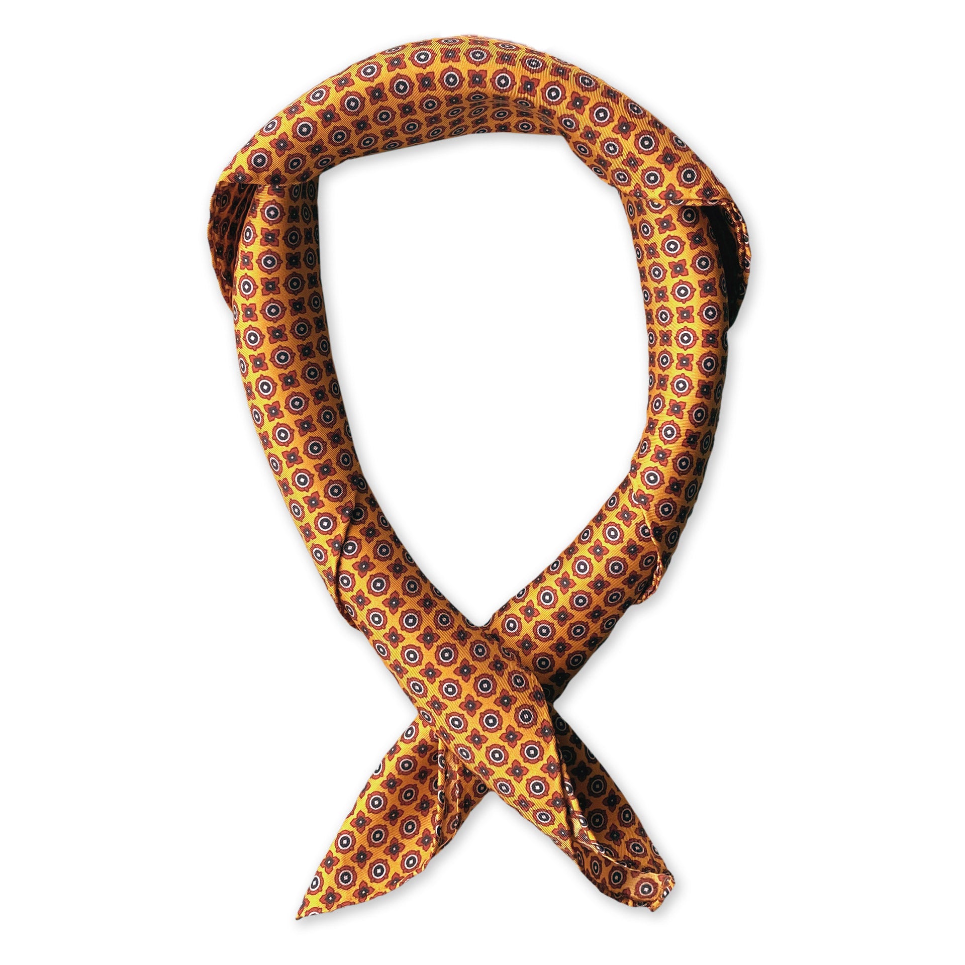 Square scarf rolled into a loop, showing the fabric sheen of the golden design and intricate patterns.