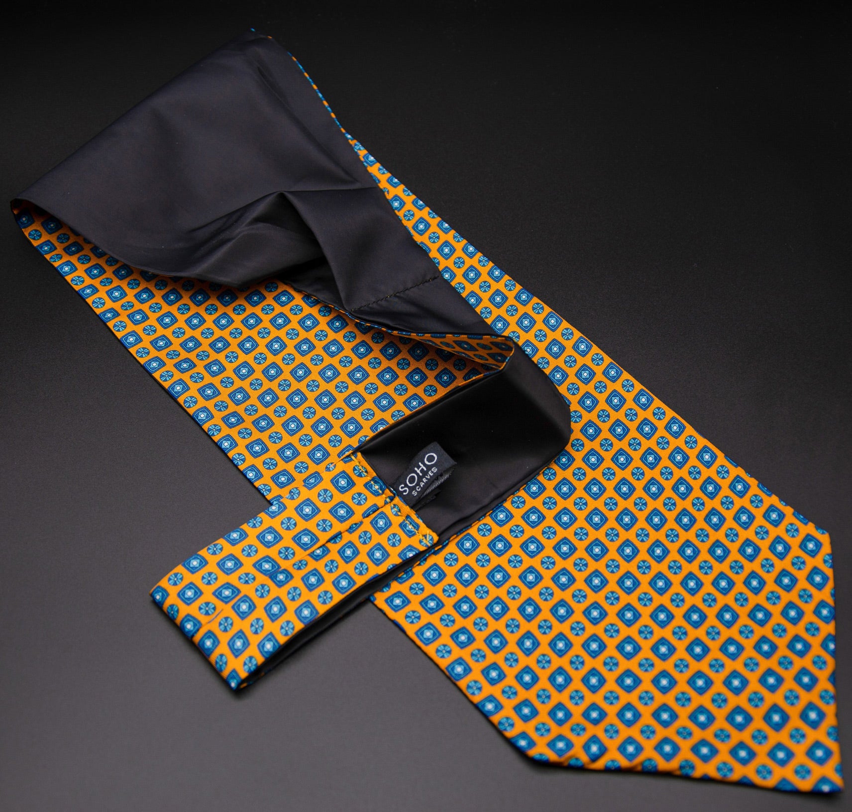 Orange and blue single pointed silk ascot tie from SAOHO Scarves