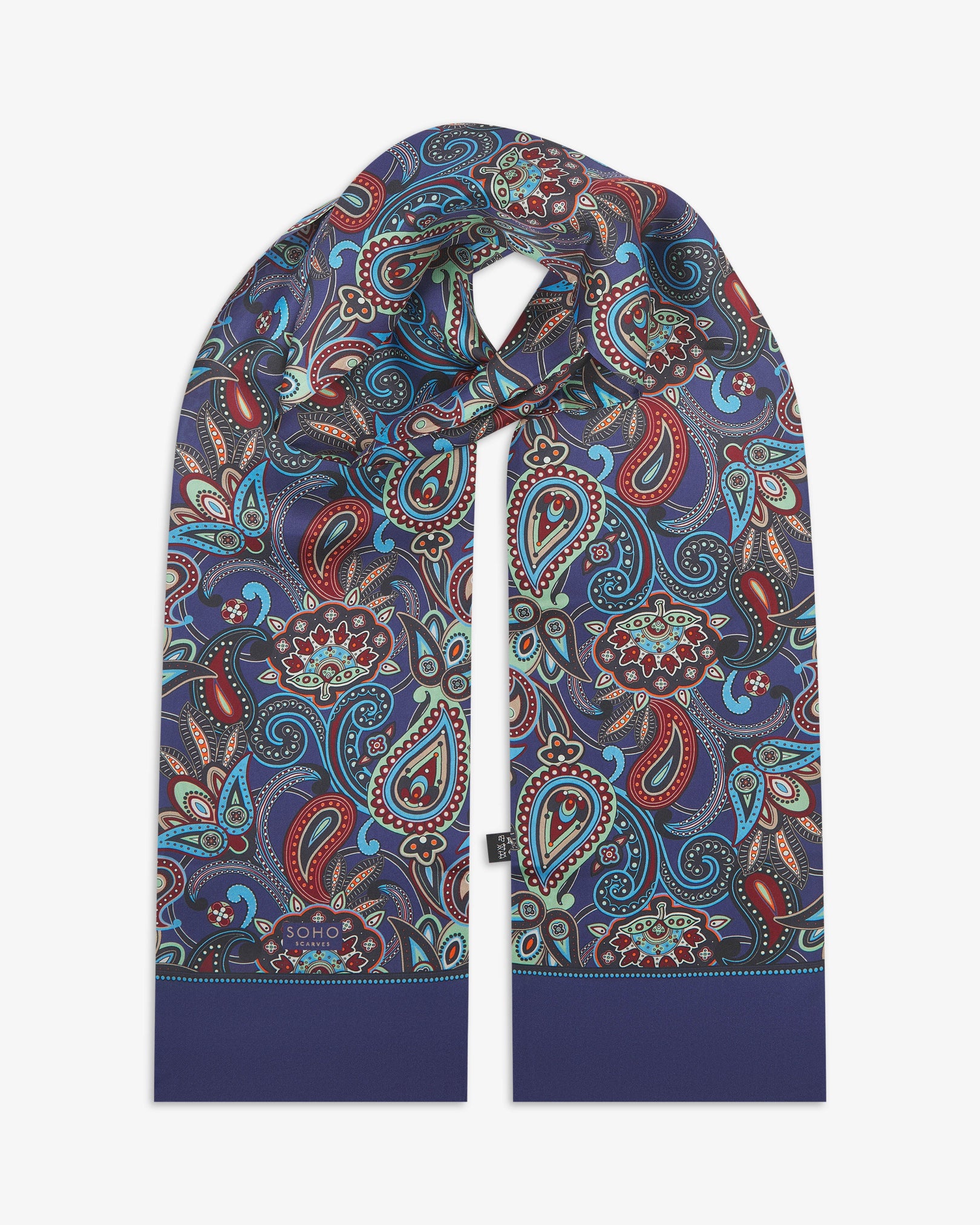 ブルー＆マルチカラーペイズリー柄シルクスカーフ | Soho Scarves